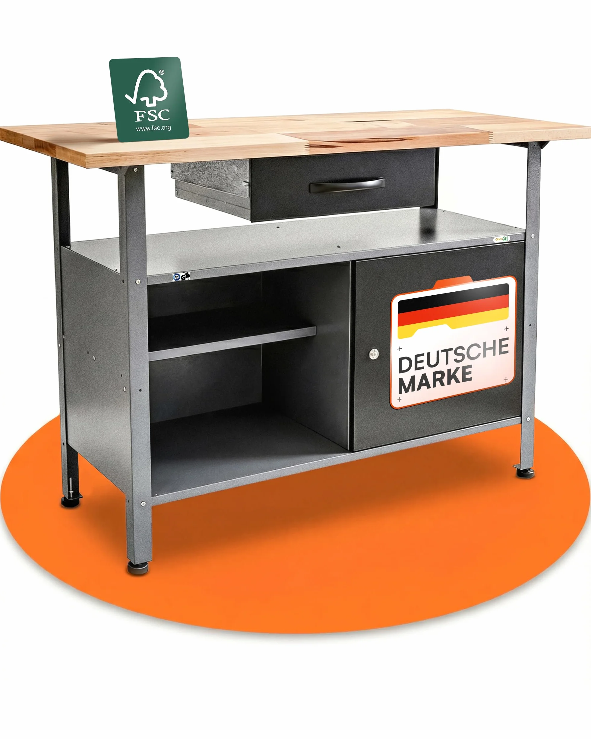 Ondis24 Stół warsztatowy Klaus 120 cm, metalowe drzwi zamykane, nogi z regulacją wysokości, wysokość robocza 85 cm, czarny blat bukowy