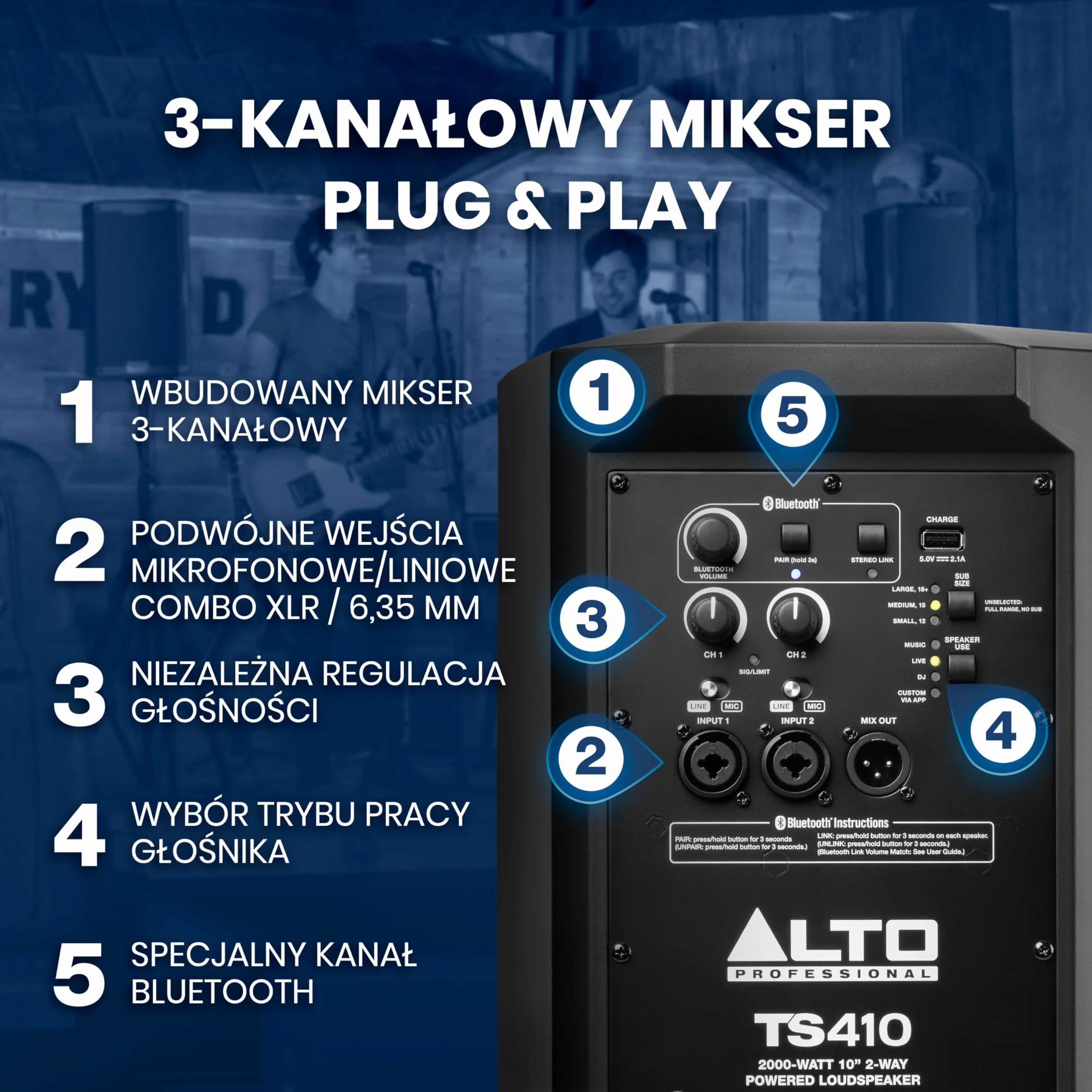 ALTO TS410 Aktywny Głośnik PA 2000W 10" z 3-Kanałowym Mikserem, Bluetooth, Bezprzewodowym Podłączaniem Głośników, DSP i Aplikacją