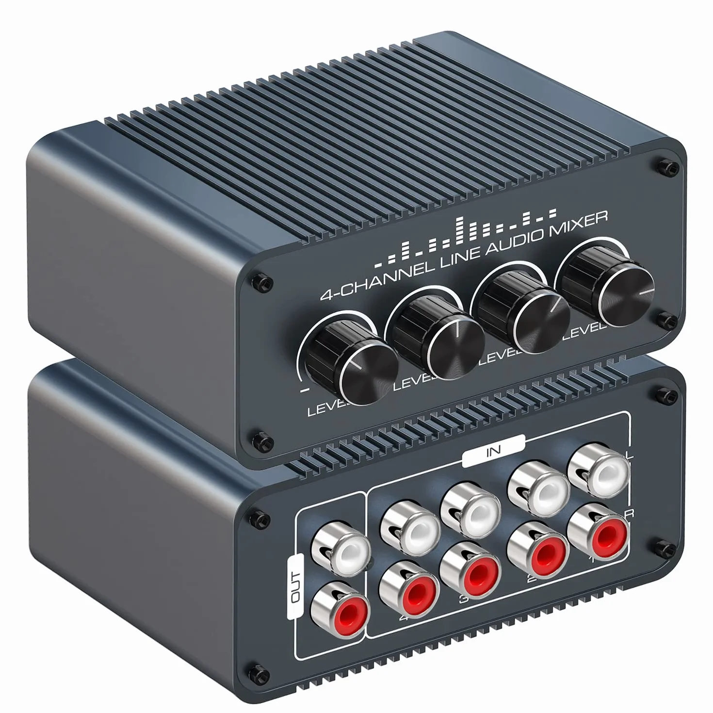 Tendak Mini Pasywny Stereo Mikser Audio 4 Kanałowy Cinch Mini-Mikser Stereo 4 wejścia 1 wyjście RCA L/R Mikser Audio z Oddzielnymi Regulatorami Głośności dla Mieszania Instrumentów, Komputera
