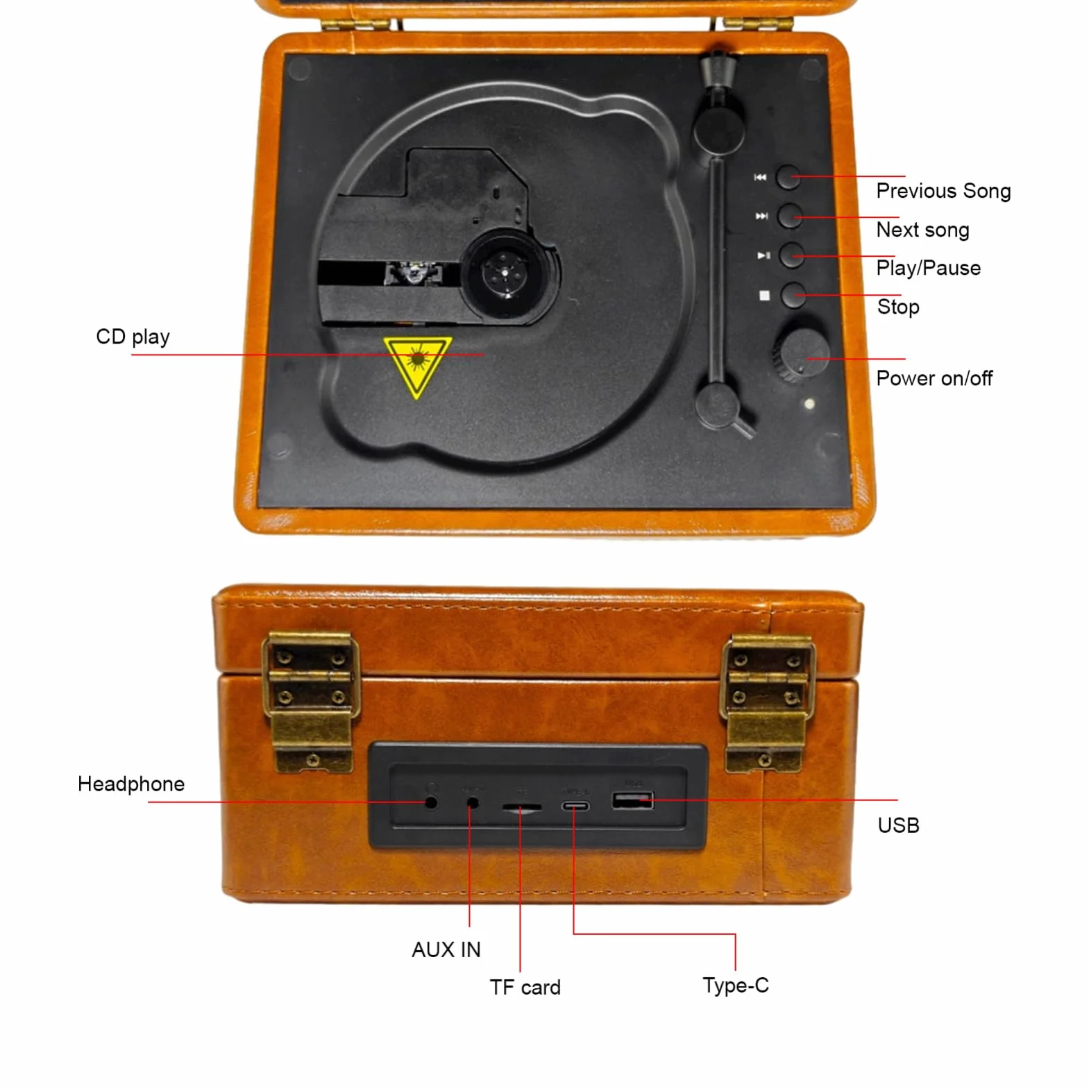 Gramofon CD, Wielofunkcyjna Tacka, Odtwarzacz Płyt BT 5.0, Odtwarzanie z Napędu USB, Pilot na podczerwień, 2 Wbudowane Głośniki, Bezprzewodowe Przesyłanie Muzyki (Khaki)