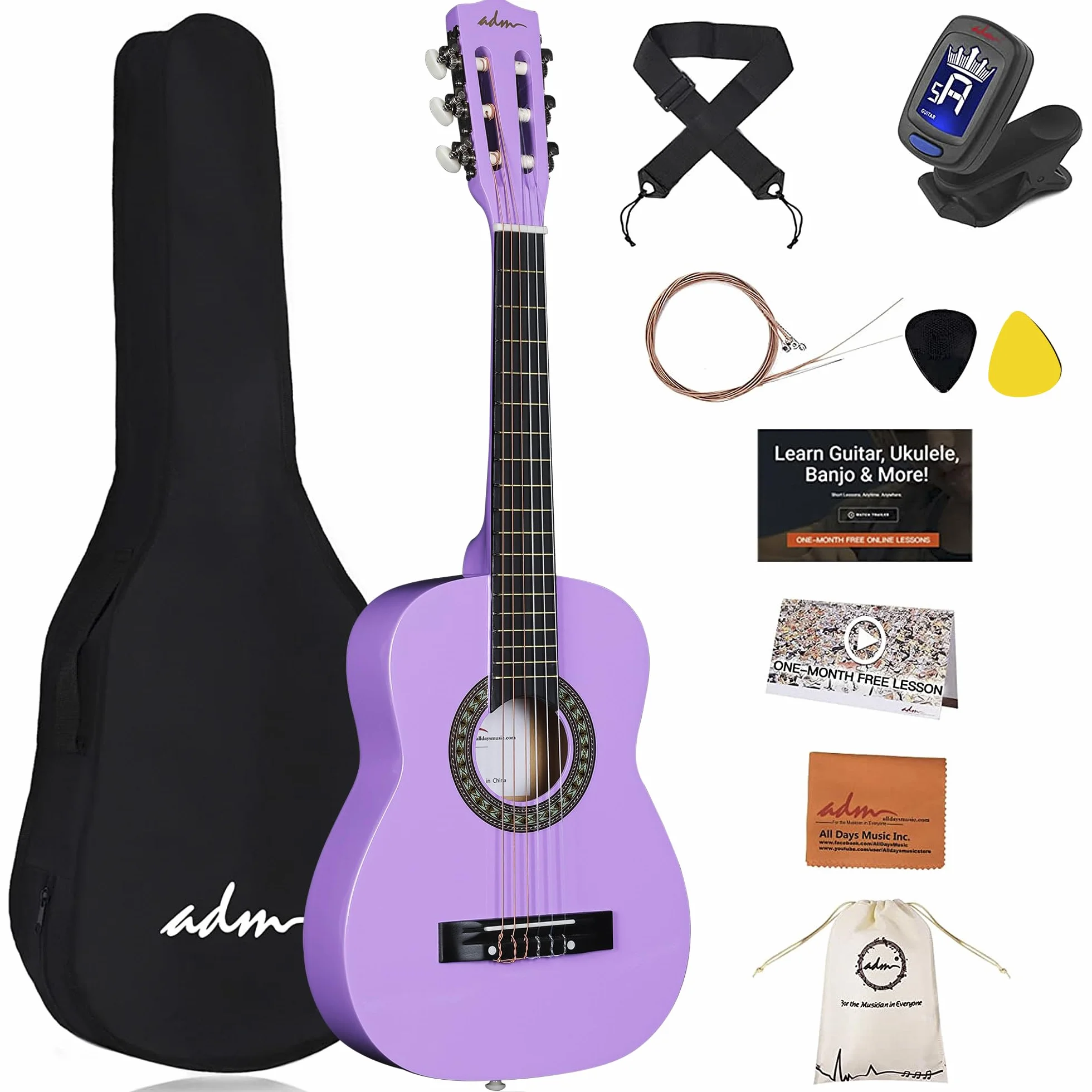 ADM 1/4 Zestaw z gitarą klasyczną dla dzieci, 76 cm, dla początkujących, z torbą koncertową, stroikiem, paskiem, kostkami, dodatkowymi strunami, torbą do przechowywania i ściereczką do czyszczenia,