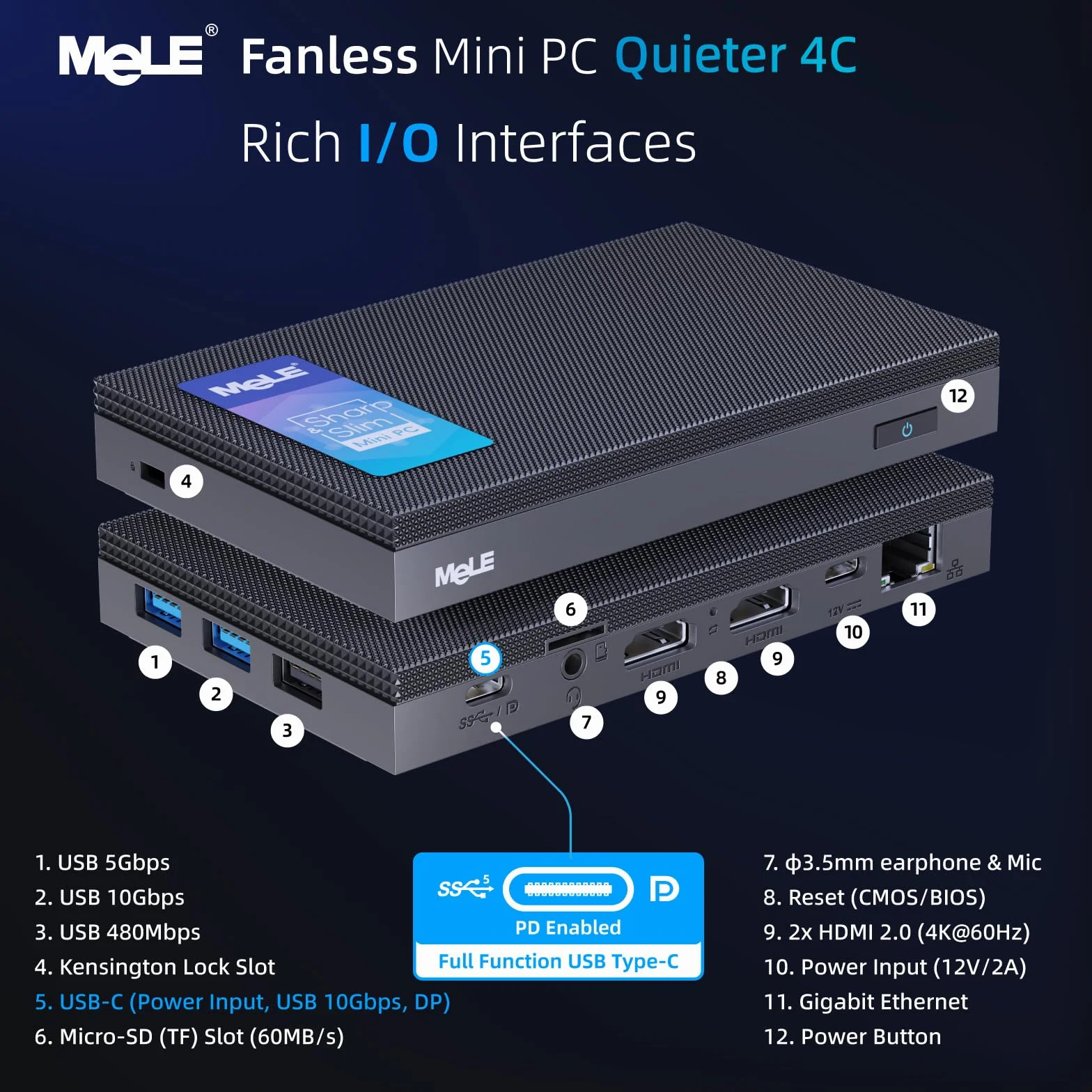 MeLE Quieter4C minikomputer bez wentylatora, 32 GB DDR4, 512 GB ROM, Twin Lake N150 (do 3,6 GHz), 2 x USB-C, 2 x HDMI 4K 60, potrójne ekrany, VESA