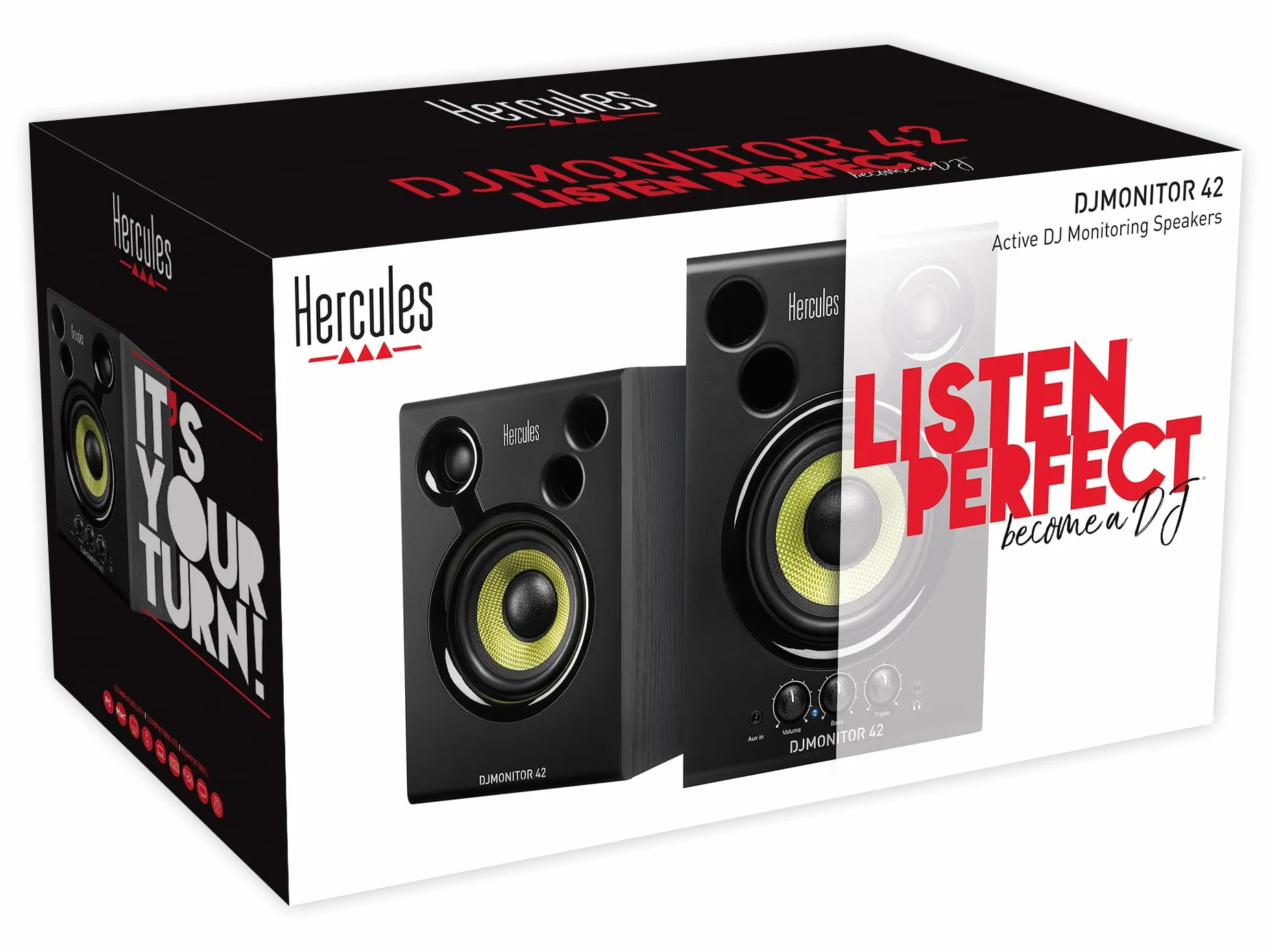 Hercules DJMonitor 42 – Aktywne głośniki DJ z 4-calowym wooferem, 80 W mocy, precyzyjnym dźwiękiem i systemem Bass-Reflex, idealne dla DJ-ów i miłośników muzyki
