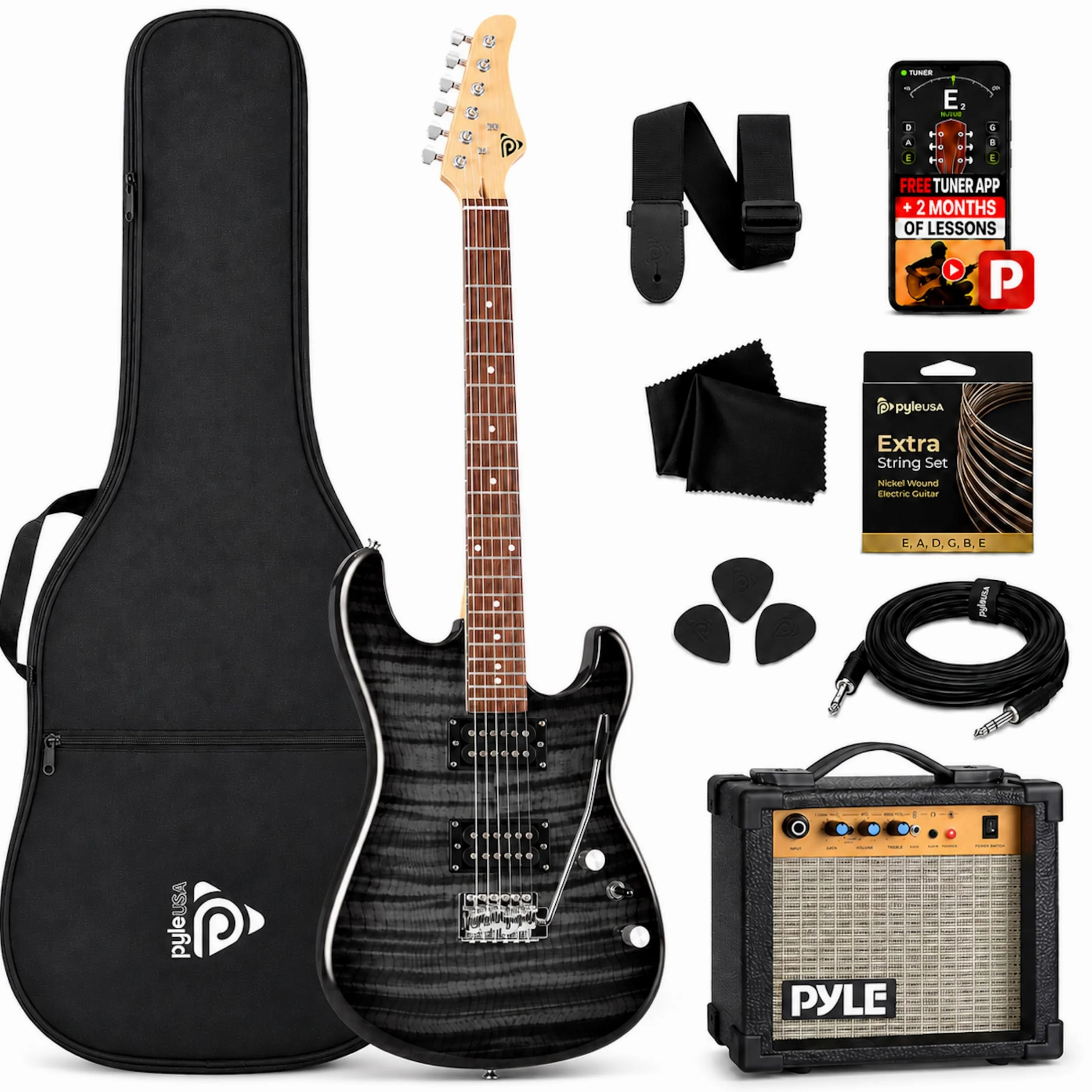 Pyle Czarny zestaw do gitary elektrycznej ze wzmacniaczem dla początkujących, 39-calowy standardowy instrument z mikrofonami Humbucker, zestaw startowy dla dzieci, młodzieży i dorosłych