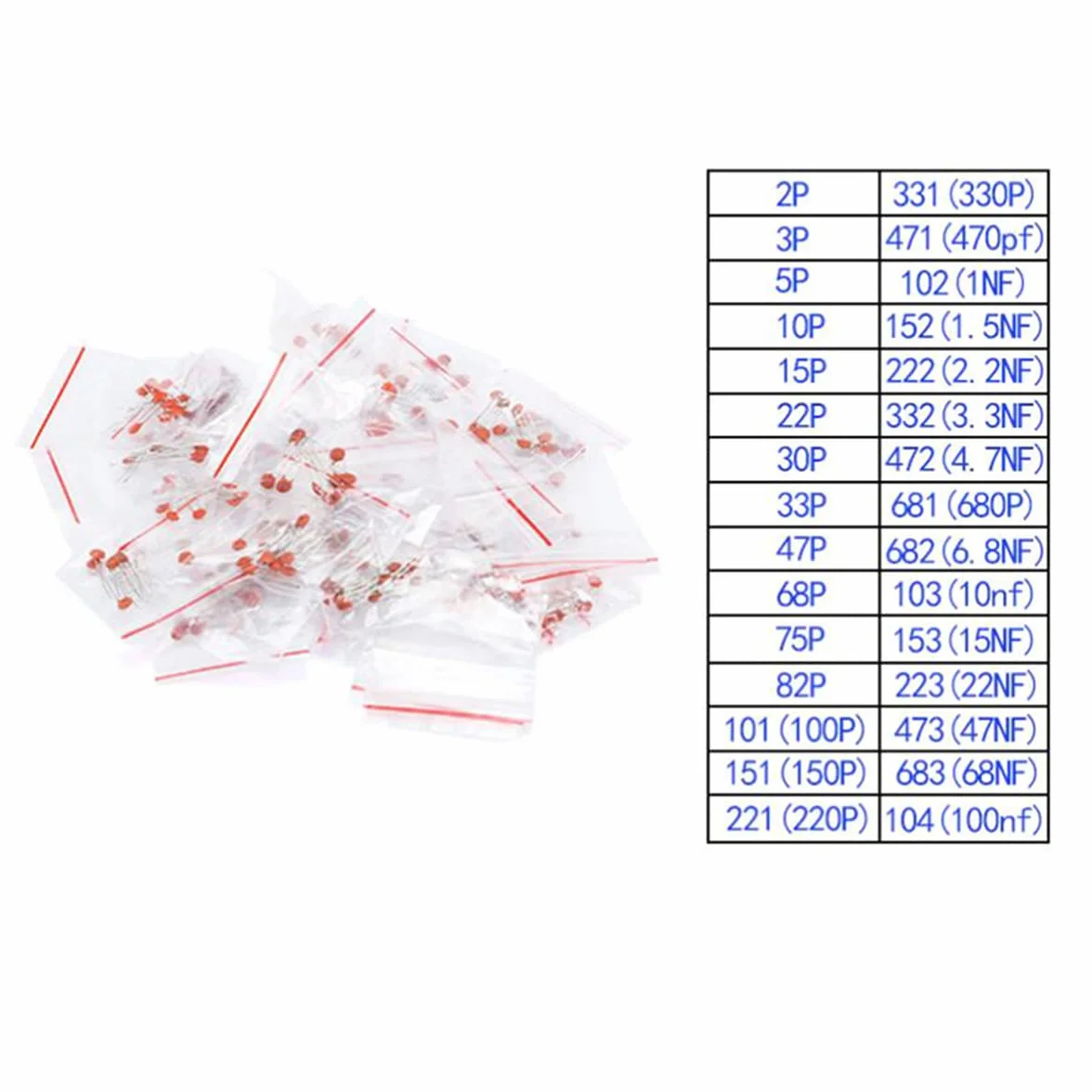 Hailege Zestaw 300 sztuk kondensatorów ceramicznych DIP 2PF-0.1UF 30 wartości po 10 sztuk w oddzielnej kieszeni 50 V kondensator ceramiczny