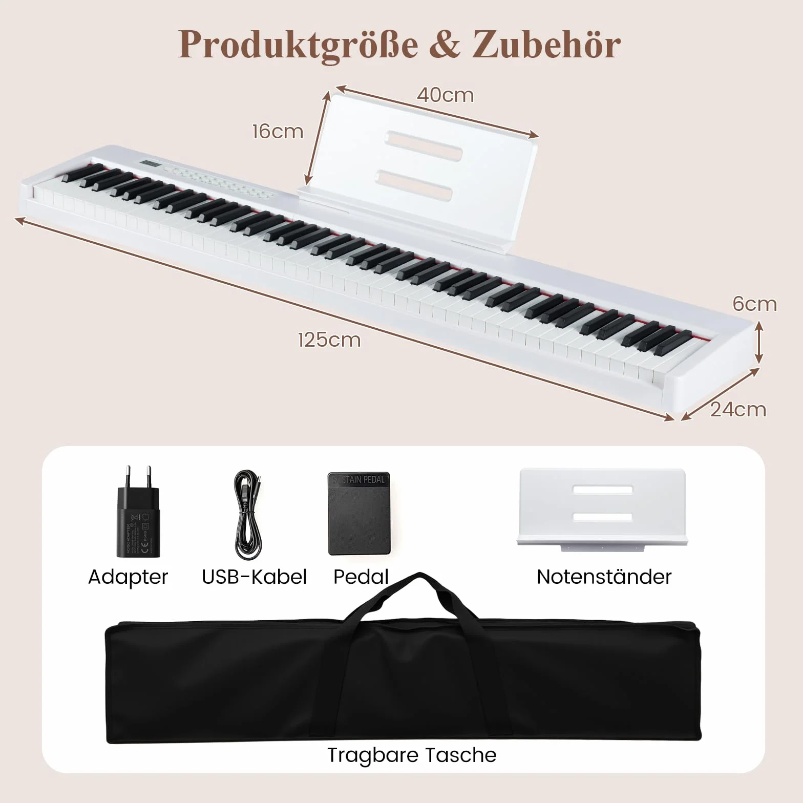 COSTWAY Keyboard Piano 88 klawiszy, pianino cyfrowe z MIDI, Sustain, stojak na muzykę i torba, przenośne pianino elektryczne dla początkujących, dzieci, dorosłych (biała)