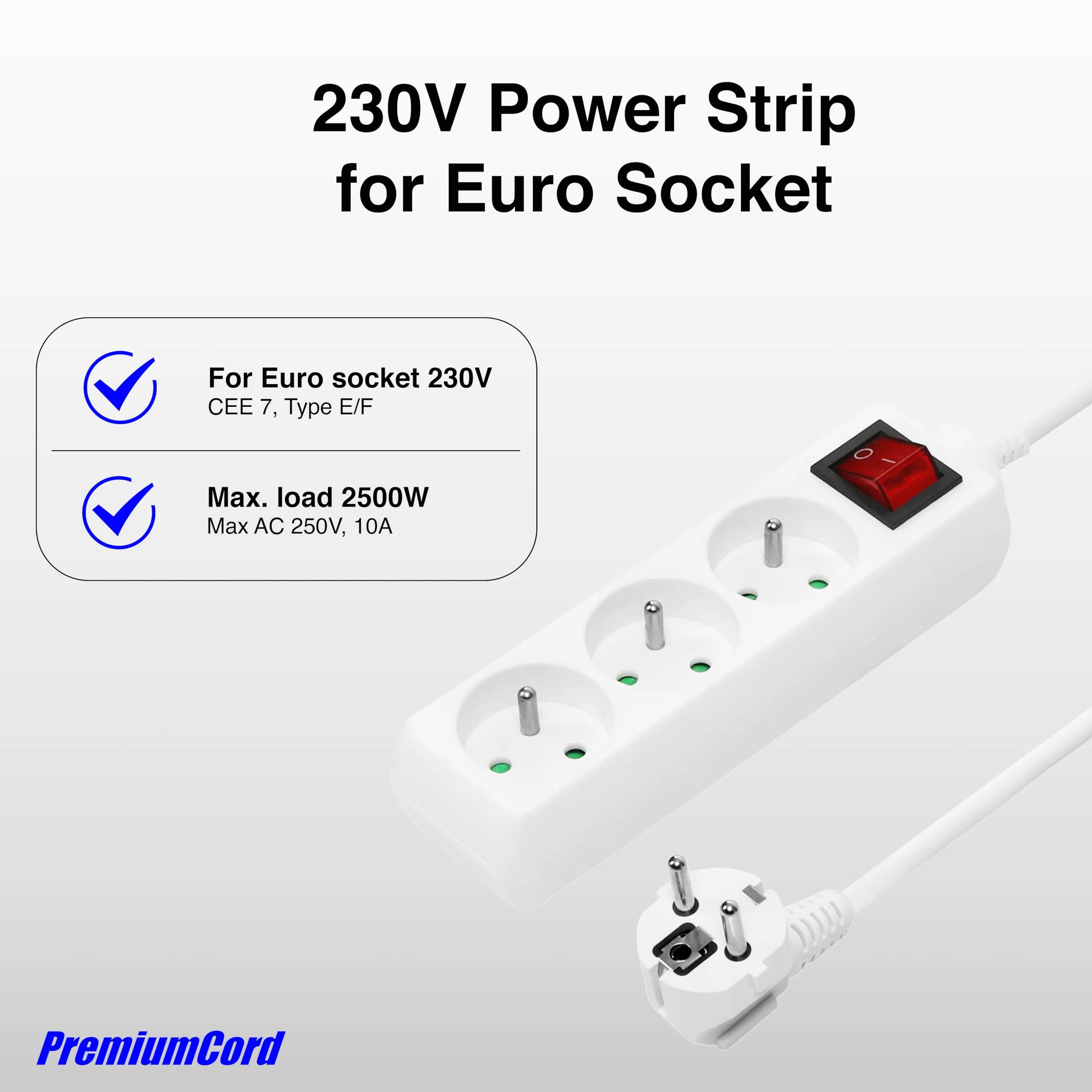 PremiumCord Listwa Zasilająca 2m z Wyłącznikiem Sieciowym, 3-Stykowa, Przedłużacz 230V, 3 Gniazd Francuskich Obróconych o 45°, Wysokiej Jakości Gniazdka z Zabezpieczeniem Przed Dziećmi, Kolor Biały