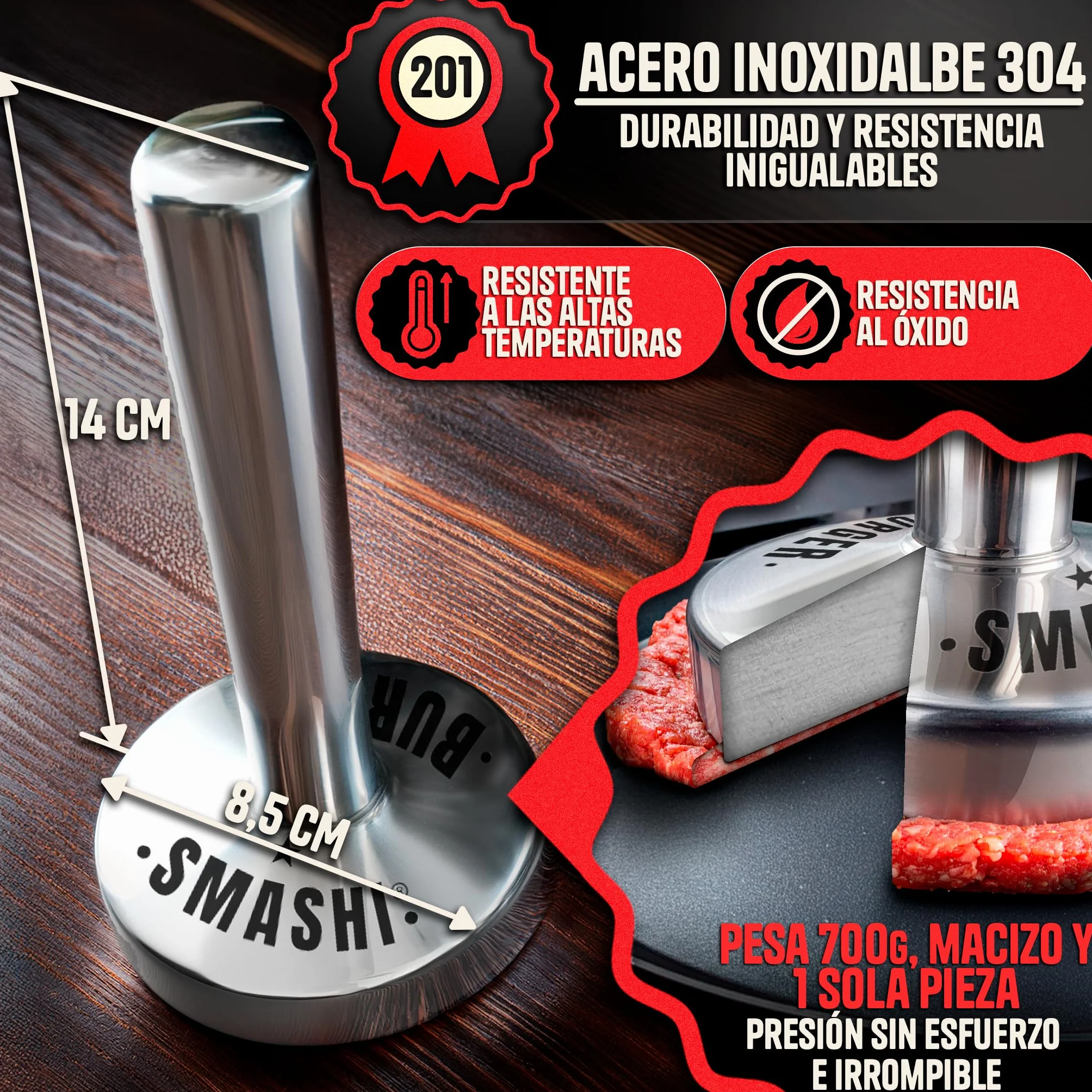 SMASHI Smasher młotek 700 g - 304 ze stali nierdzewnej do hamburgerów, profesjonalna prasa do hamburgerów do Smash Burger | Precyzyjny zestaw Smash Burger