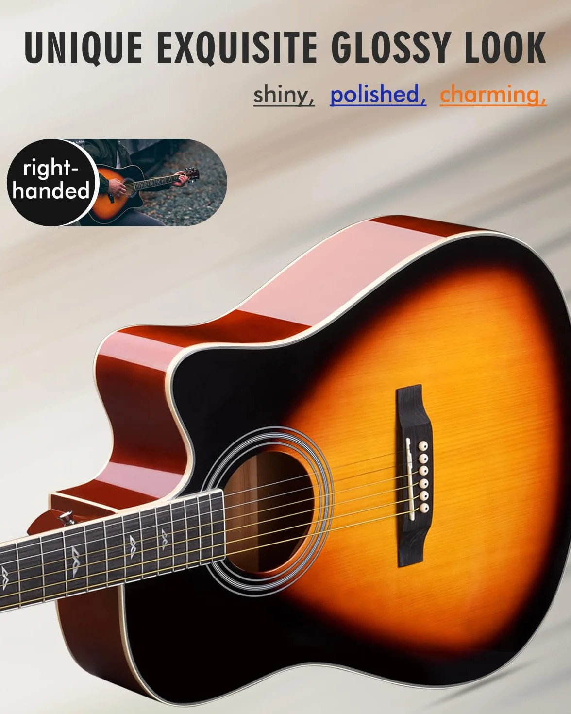 Winzz Elektryczna gitara akustyczna 4/4, zestaw do gitary westernowej, dla początkujących, gitara akustyczna, 41", z 4-pasmowym korektorem (Dreadnought, błyszcząca)