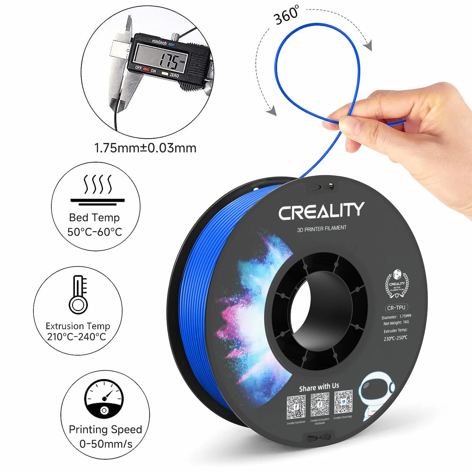 Creality Oficjalny filament TPU 1,75 mm, filament TPU czarny, twardszy i wytrzymalszy do drukarek 3D, mniej splątane, dokładność wymiarowa +/- 0,03 mm, 1 kg/rolka (2,2 funta), pasuje do większości