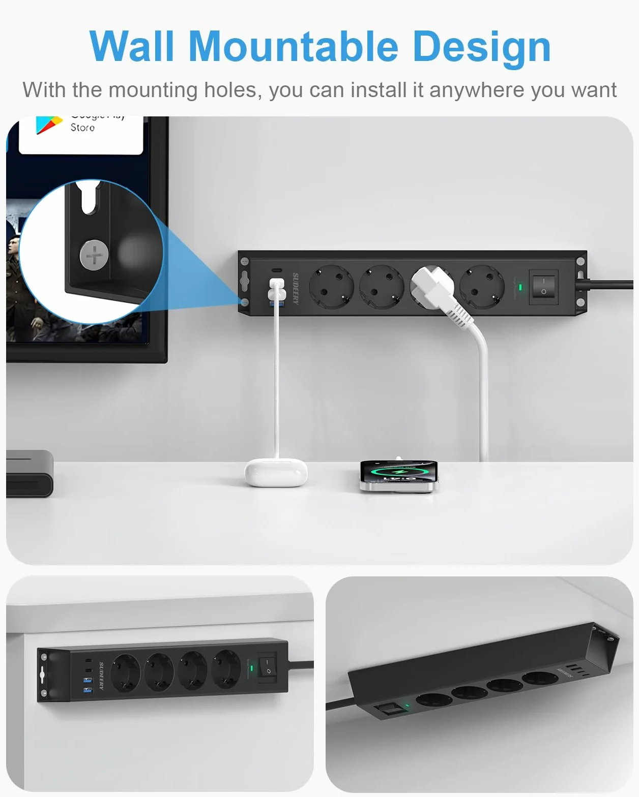 Listwa zasilająca z 4 gniazdami z USB C, listwa zasilająca 8 w 1, montaż ścienny, z przełącznikiem i kablem 2 m, z zabezpieczeniem przed przepięciem, do biura, kuchni (czarna)
