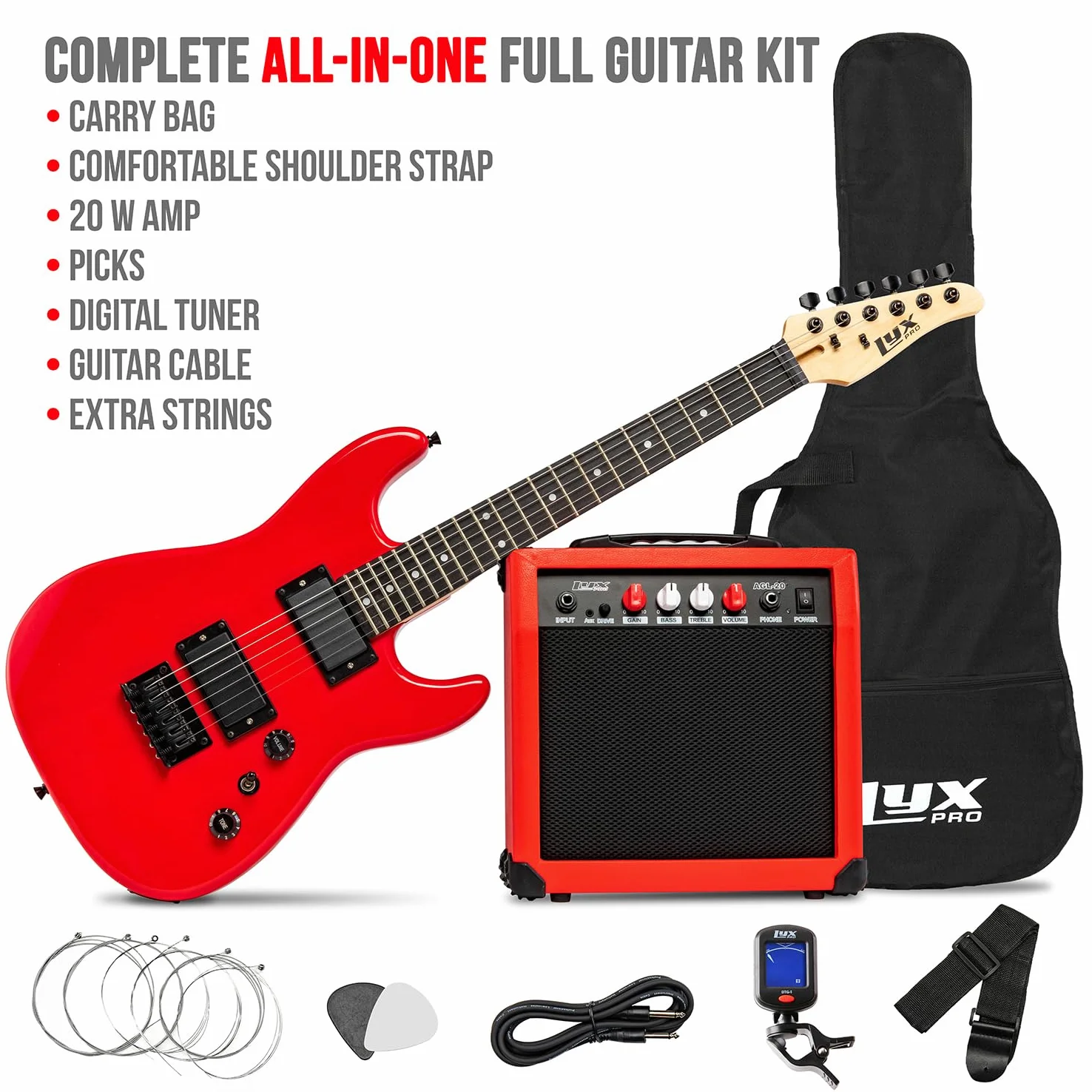 LyxPro Gitara elektryczna 36 cali i zestaw dla dzieci z gitarą dla początkujących, wzmacniaczem, sześcioma strunami, dwoma kostkami, paskiem na ramię, cyfrowym tunerem z klipsem, kablem i miękkim etui