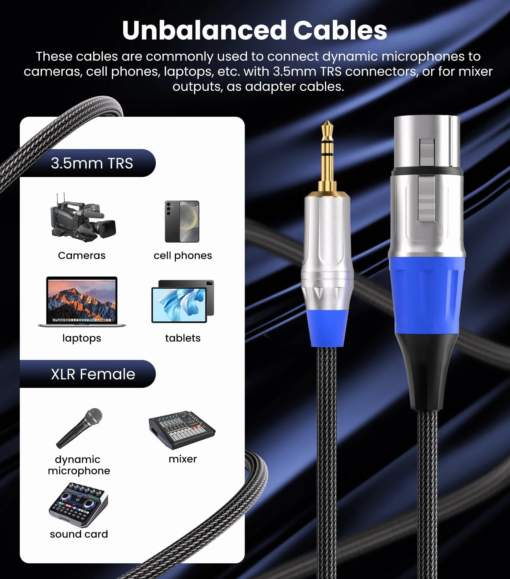 Tisino Kabel mikrofonowy XLR do 3,5 mm Mini Jack, nylonowy oplot niezrównoważony XLR żeński do mikrofonu 1/8" do kamer, aparatów DSLR, komputera rejestrującego i więcej - 3 m