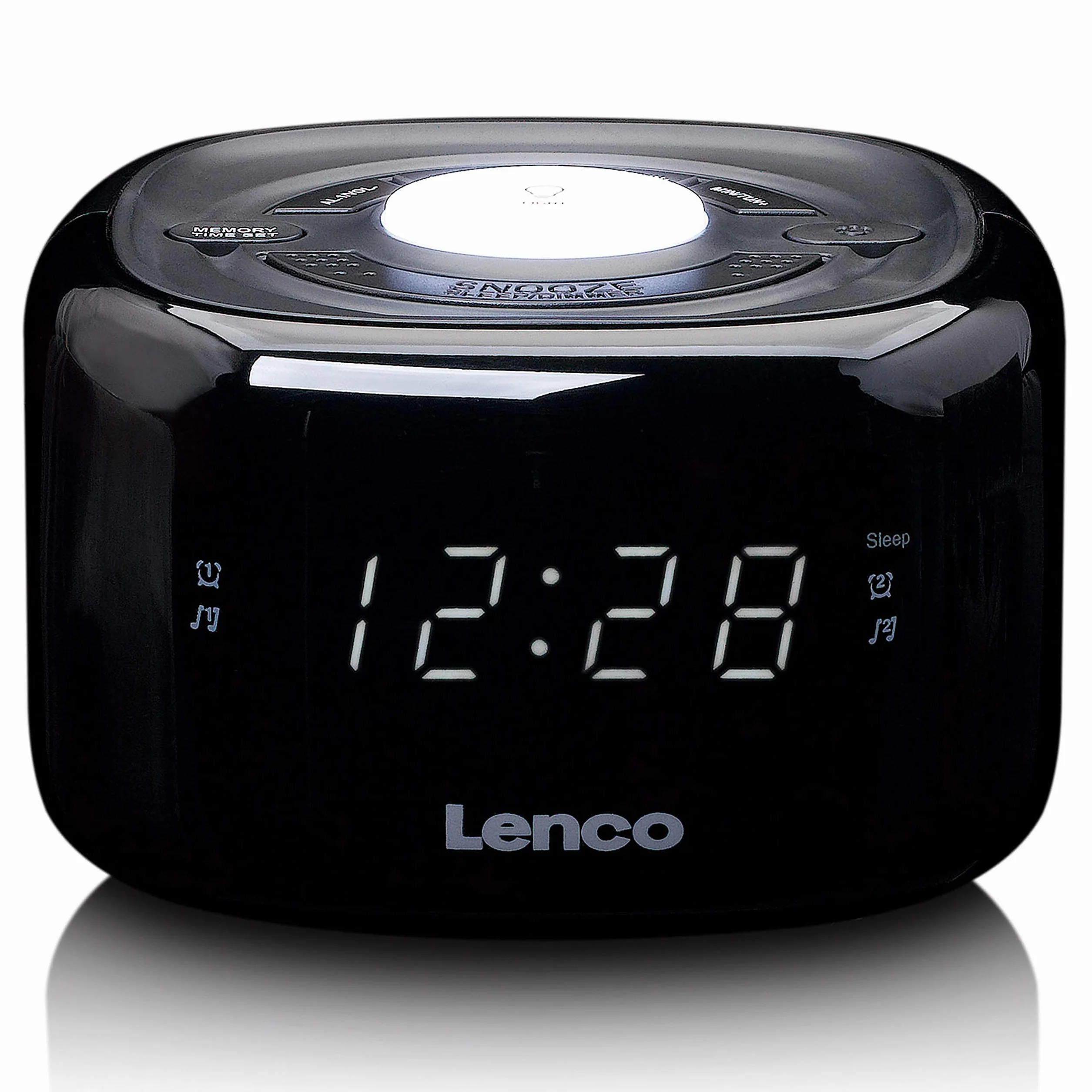 Lenco CR-12 radio zegarowe – budzik z funkcją światła nocnego – Easy Snooze – timer uśpienia – dwa czasy budzenia – 20 stacji – regulowana regulacja jasności – czarny, 117 x 117 x 71 mm