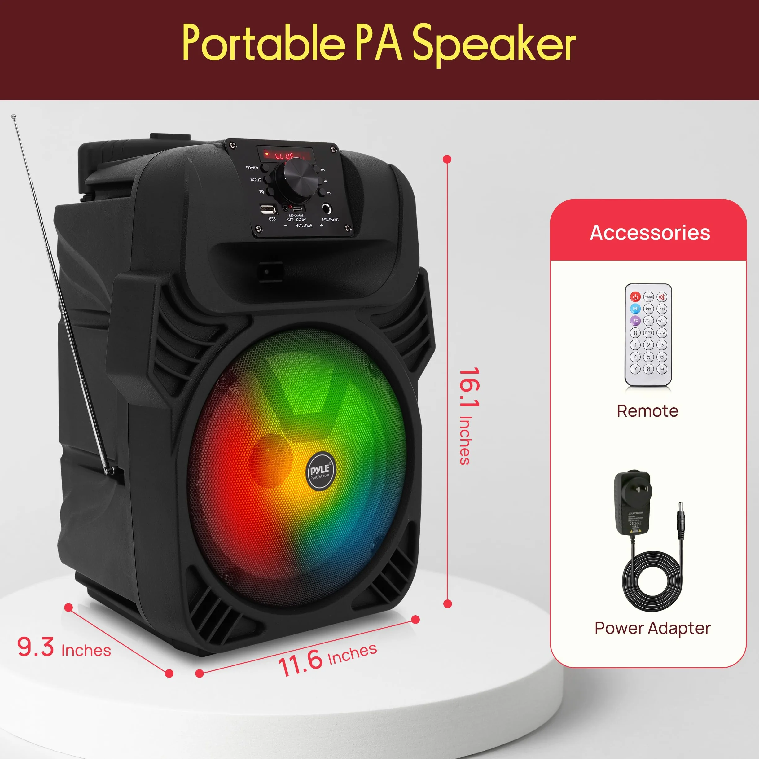 Pyle Przenośny głośnik PA 400 W - system subwoofera 8", 4 omy/55-20 kHz, radio USB/MP3/FM/wejście mikrofonu ¼, wielokolorowe światła LED, wbudowany akumulator z pilotem - Pyle PPHP844B