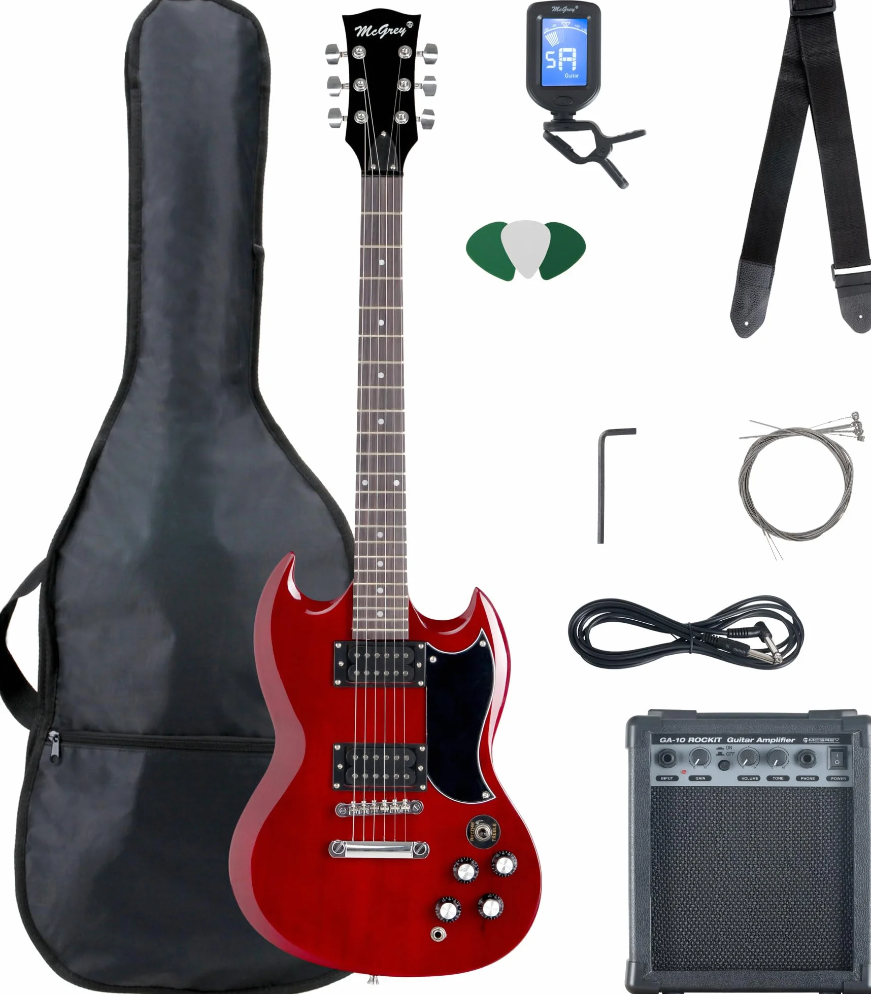 McGrey Rockit Double Cut kompletny zestaw gitary elektrycznej (8-częściowy zestaw dla początkujących z gitarą, wzmacniaczem, strunami zapasowymi, torbą na gitarę, stroikiem, piórkami, paskiem i kablem