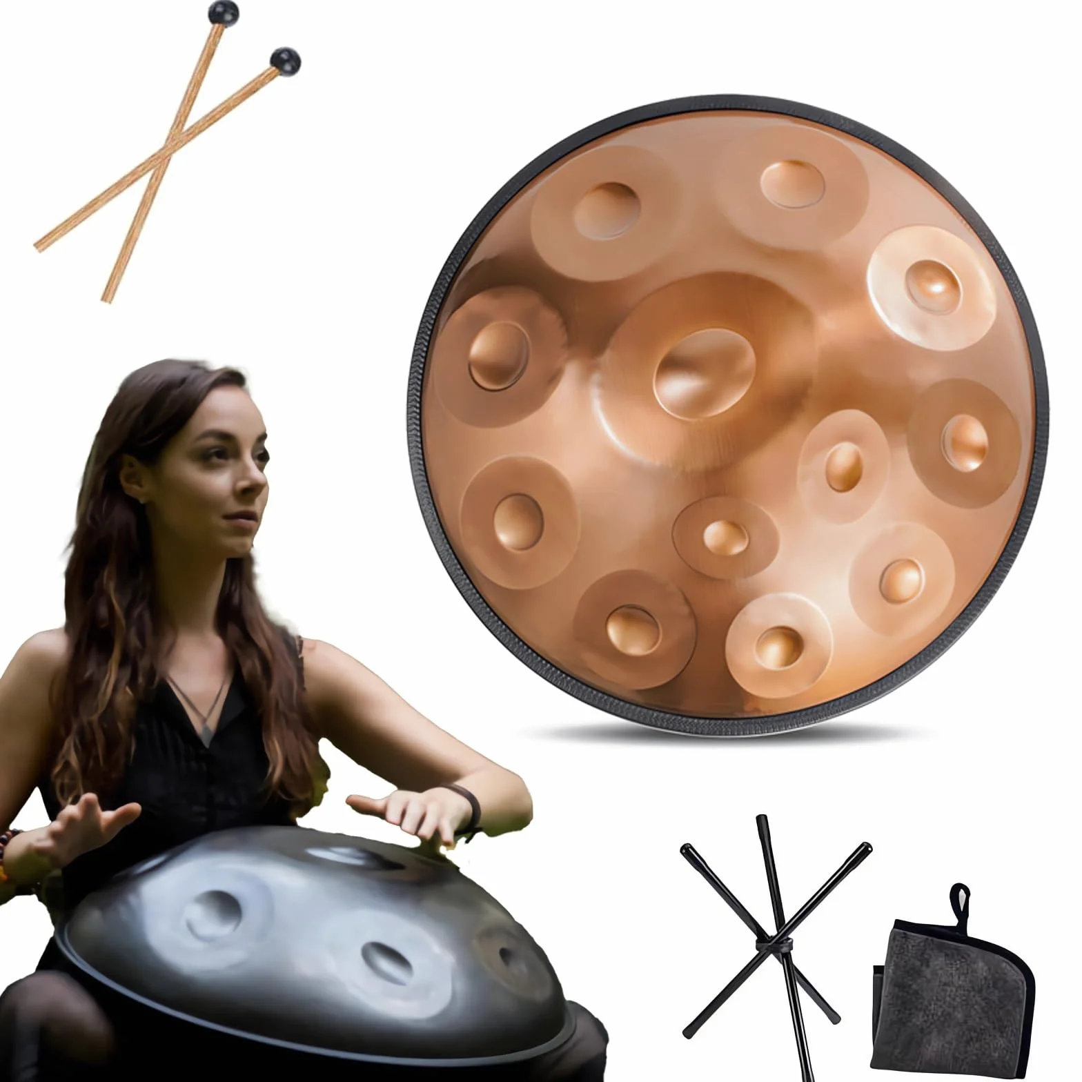 Instrument Handpan - 432Hz/440Hz 9/10/12 dźwięków - 55 cm stalowy bęben językowy - bębenek ręczny z podstawką do medytacji dźwiękiem (Rozmiar: 432Hz, Kolor: ZLOTO_12 DŹWIĘKÓW)