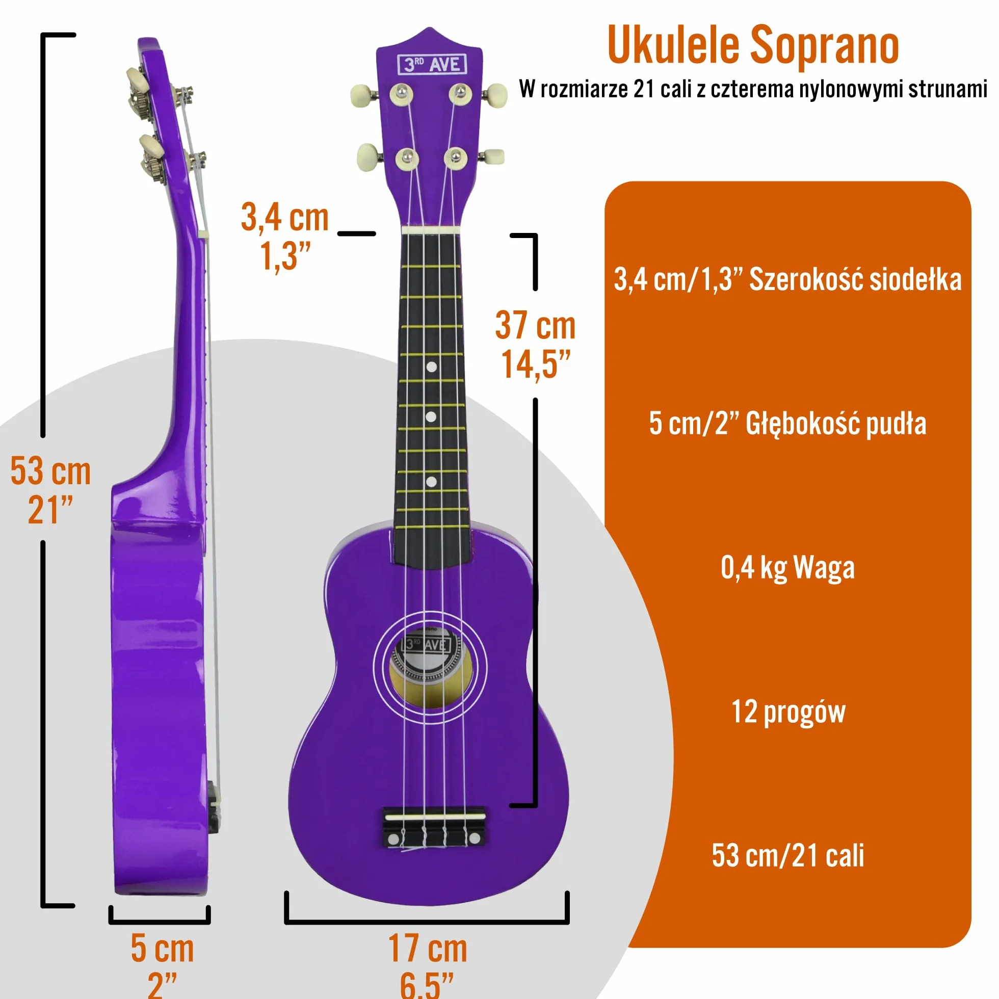 3rd Avenue Ukulele Soprano dla początkujących, 21 cali – w kolorze fioletowym – BEZPŁATNY pokrowiec na ukulele