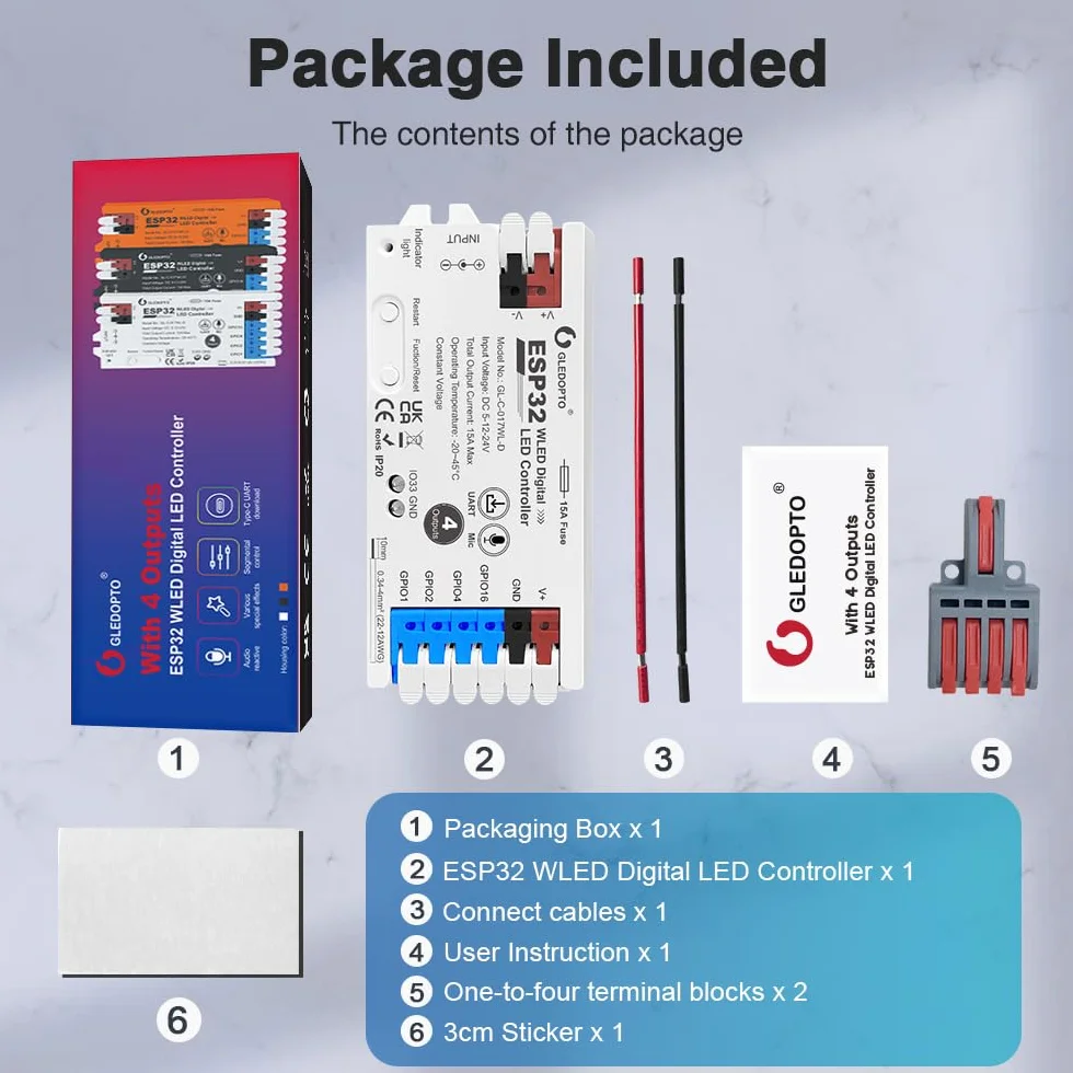 GLEDOPTO ESP32 WLED Cyfrowy kontroler LED z 4 kanałami, bezpiecznik 15 A, mikrofon dźwiękowy, UART, DIY-FCOB, adresowalna listwa świetlna dla WS2811, WS2812, SK6812, TM1814, WS2813, WS2815 (GL-C
