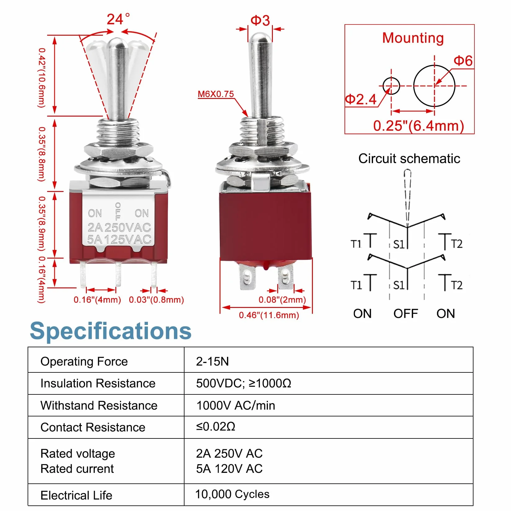 Heschen Miniaturowy przełącznik dźwigienkowy MTS-203 ON-OFF-ON DPDT 6 pin, 2 A 250 V 6 A 125 V UR, 5 sztuk