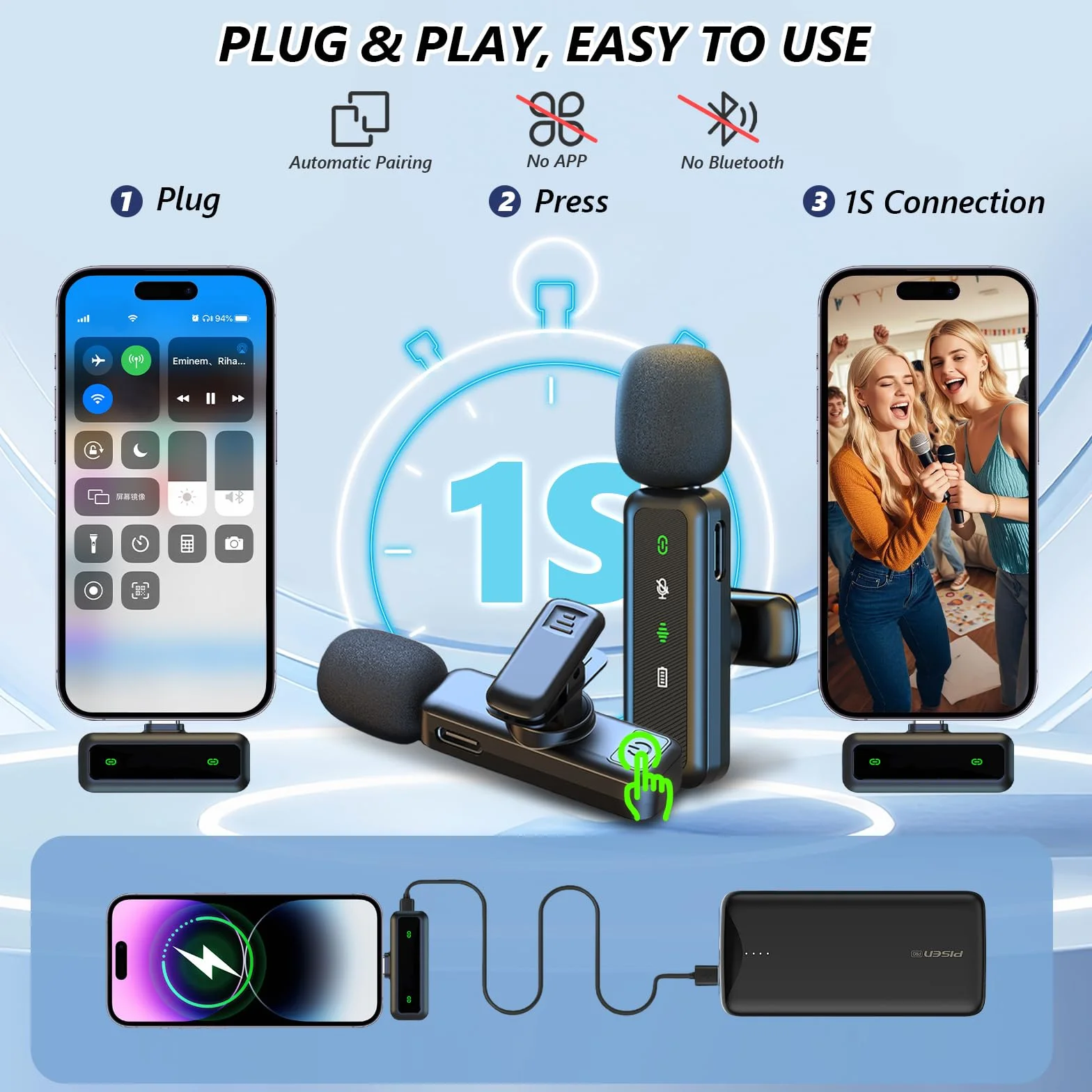 flintronic Bezprzewodowy mikrofon krawatowy iPhone Android iPad, mini mikrofon klapowy z redukcją szumów, mikrofon z klipsem, mini mikrofon, iPhone z USB-C do nagrywania wideo, vloga, TikTok, YouTube
