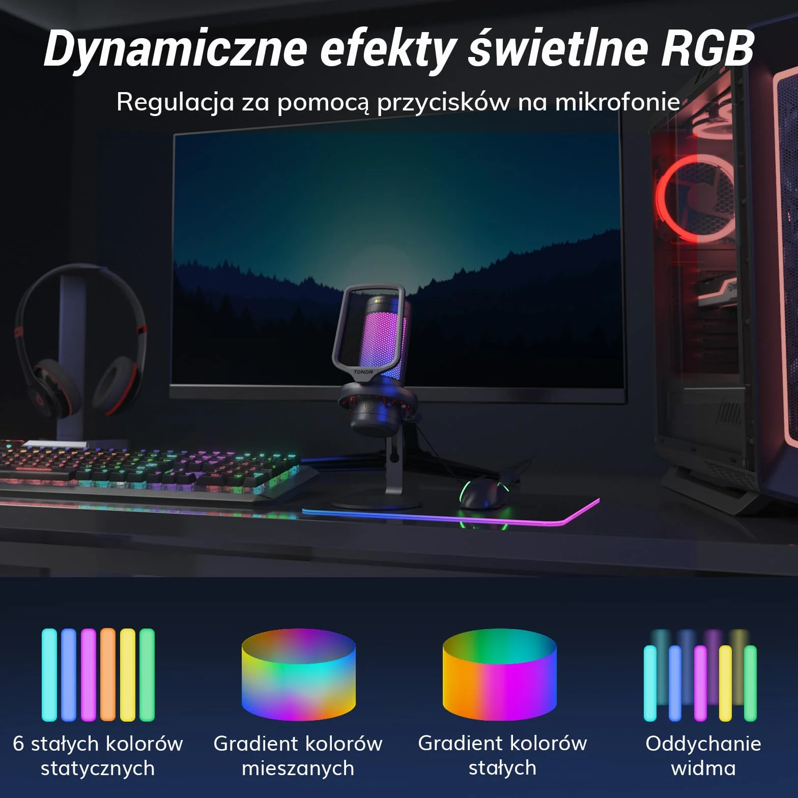 TONOR TC320 Mikrofon USB z kontrolą RGB/wzmocnienia, wyciszenie dotykowe do streamowania, podcastów, Twitch/YouTube/Discord, mikrofon komputerowy ze stojakiem na Mac/PS4/PS5/NS czarny