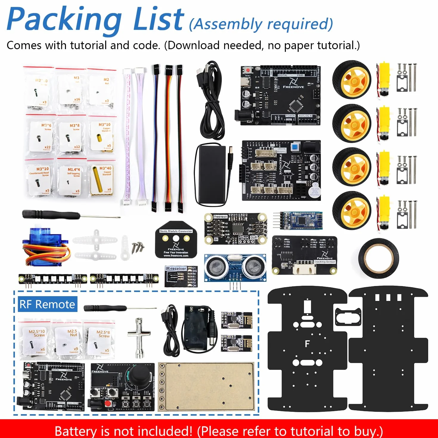 Freenove 4WD Car Kit with Remote (Compatible with Arduino IDE), Line Tracking, Obstacle Avoidance, Ultrasonic Sensor, Wireless Control Motor Servo