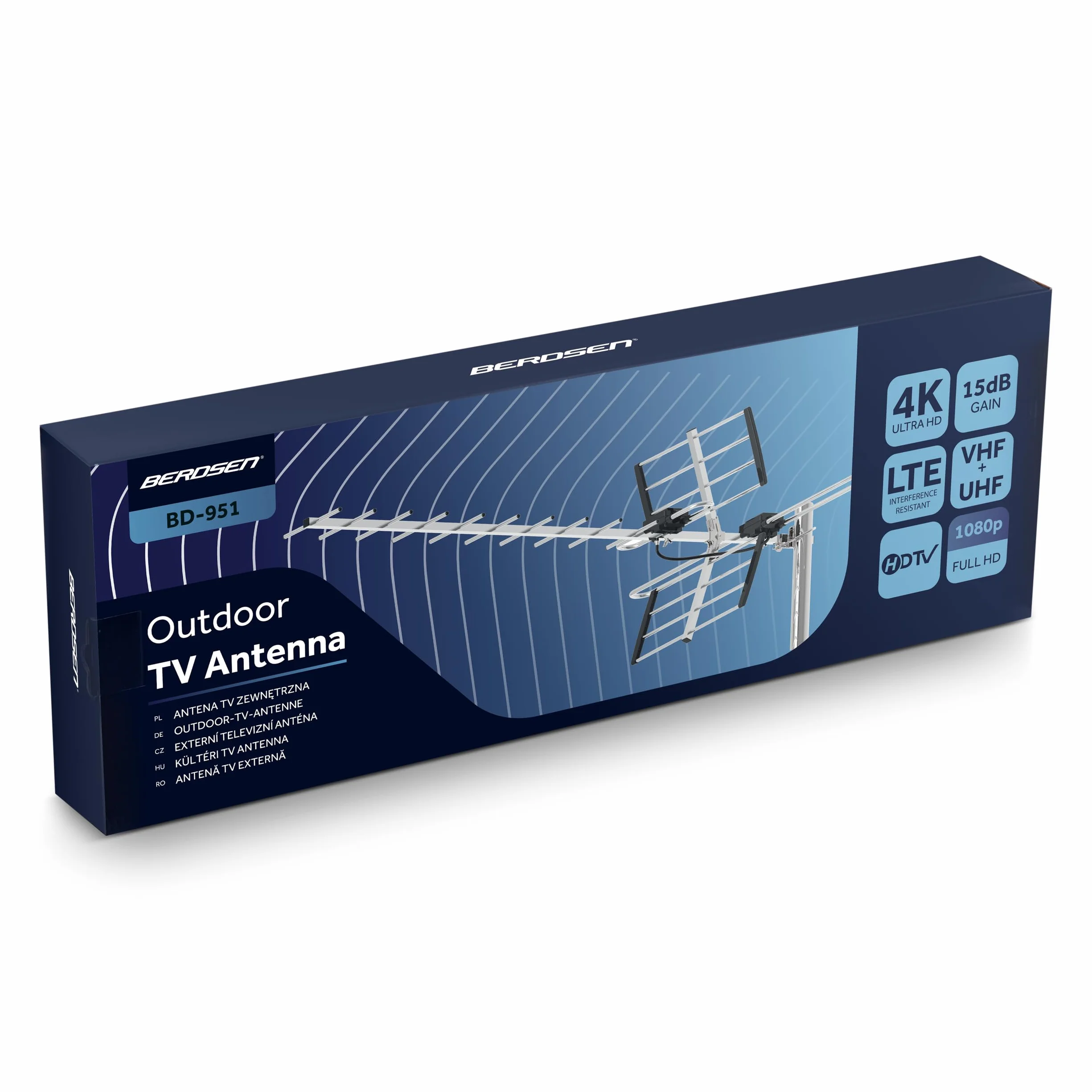 Berdsen Antena DVBT2 z Wzmacniaczem Wewnętrznym 15 dB - Zasięg do 80 km - Zewnętrzna Antena Outdoor - Filtr LTE - Full HD Ultra HD 4K