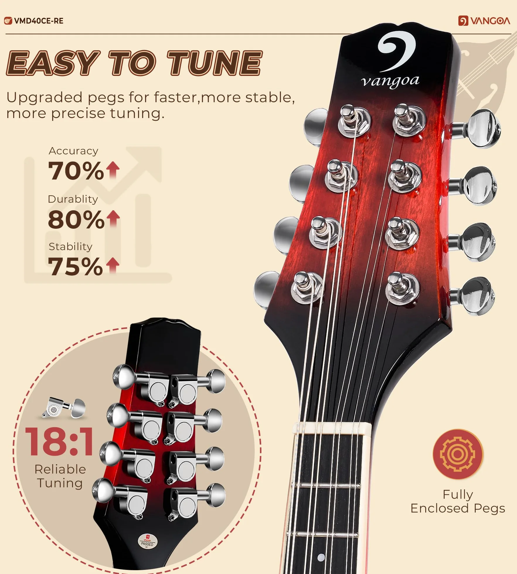 Vangoa AStyle Mandolina Instrument muzyczny mahoń Mandolina elektryczna 8 strun dla początkujących Red Sunburst