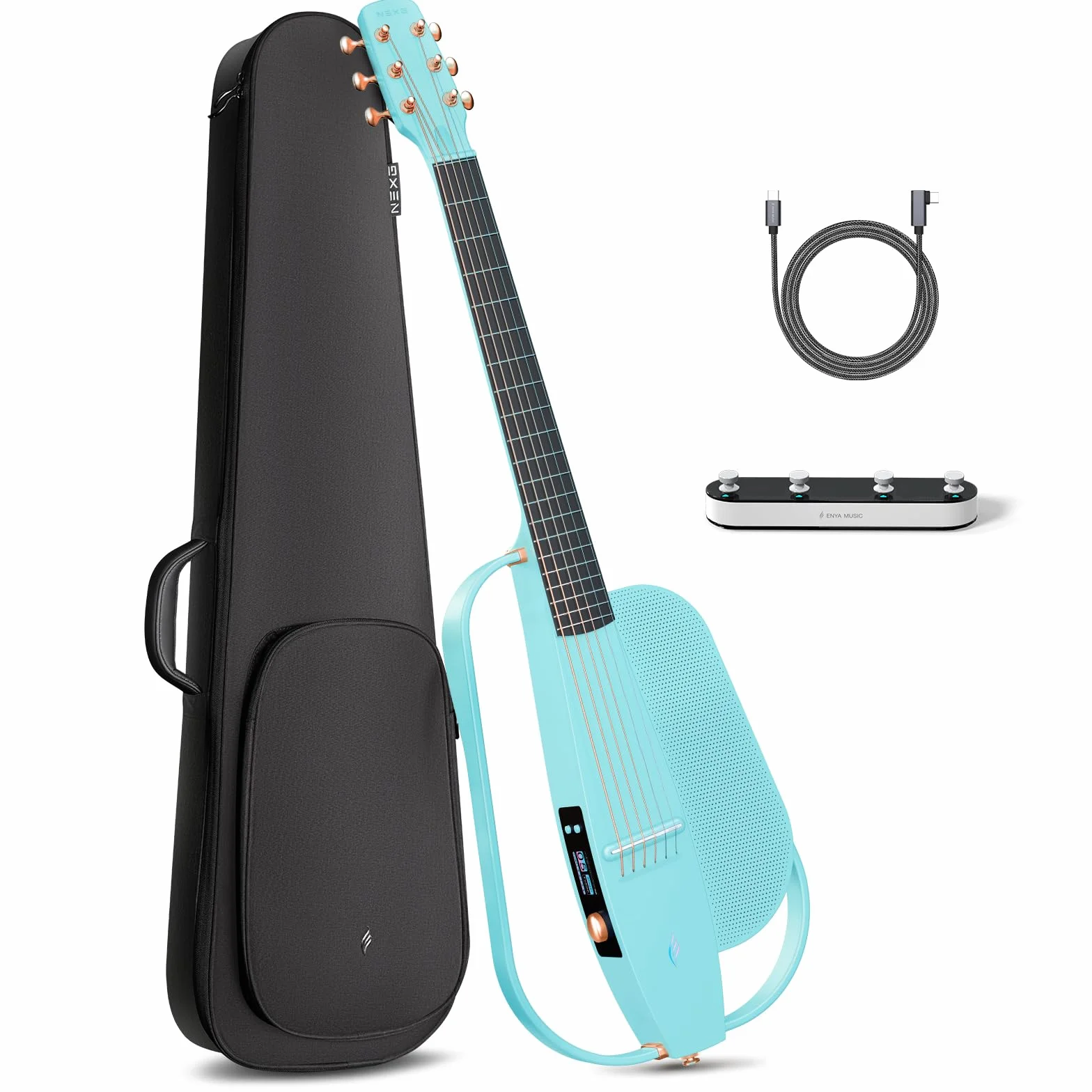 Enya Zestaw do gitary elektroakustycznej - niebieska 3/4 cala NEXG 2 podstawa gitara elektryczna z włókna węglowego dla dorosłych z bezprzewodowym głośnikiem 80 W przełącznik nożny ładowarka y Funda