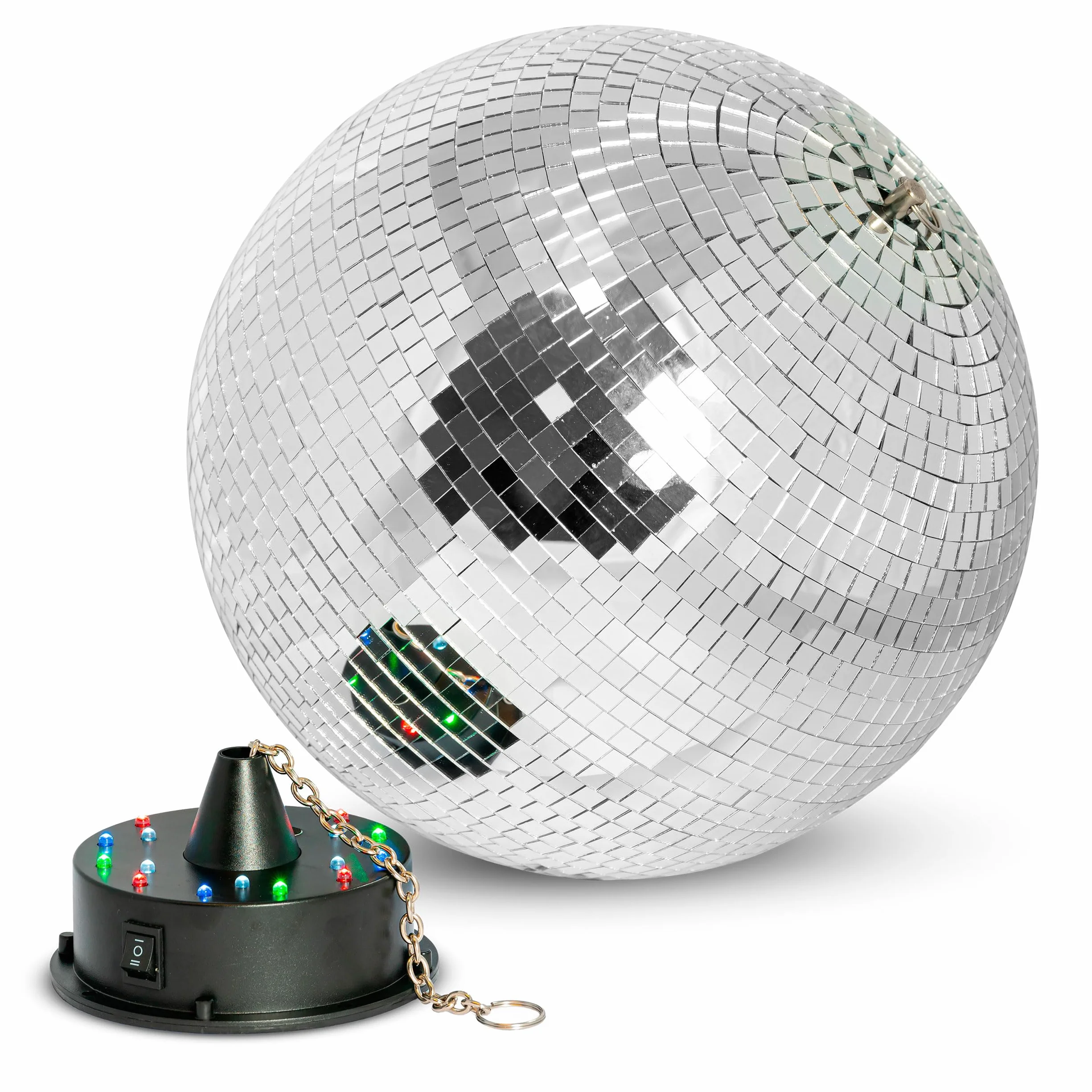 Ibiza - DISCO1-30 - kula fasetowa o średnicy 30 cm z podstawą z 18 diodami LED i łańcuchem o długości 20 cm - zasilanie bateryjne
