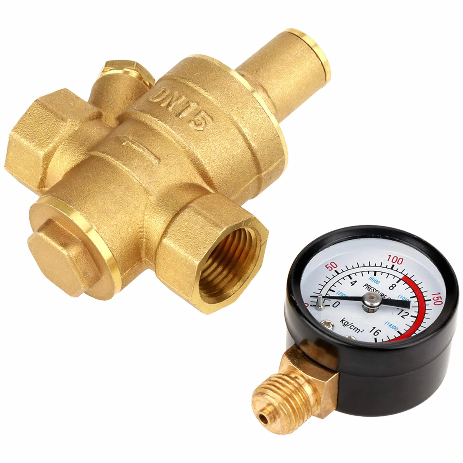 lyrlody Regulator ciśnienia wody z mosiądzu, DN15, regulowany, z manometrem, gwint G, struktura tłokowa, 1,6 MPa, 6,2 x 9 cm