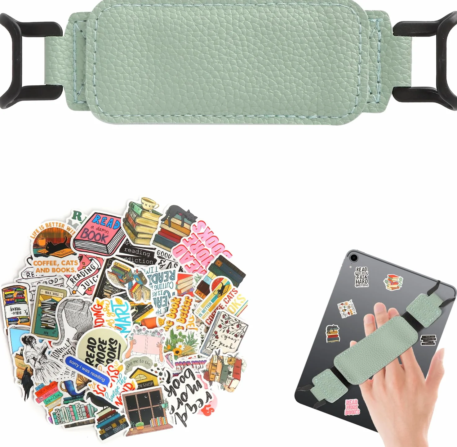 1 szt. pasek na rękę, elastyczny uchwyt do czytnika e-booków i tabletu o przekątnej 6-8", pasek na rękę ze skóry PU, 50 naklejek w stylu retro, zapobiega bólom dłoni