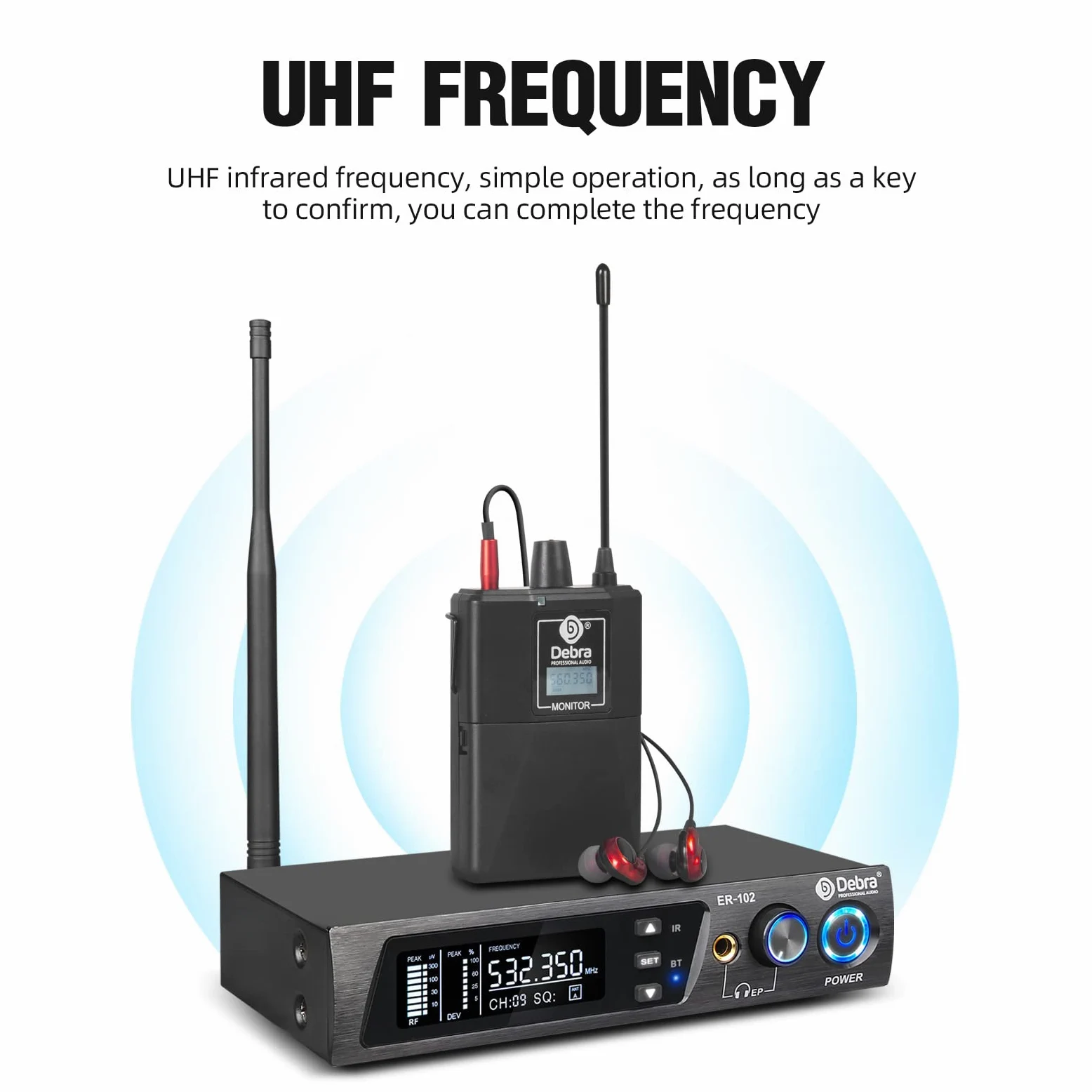 D Debra Audio PRO ER-102 UHF jednokanałowy bezprzewodowy system monitorowania dousznego z nadajnikiem i odbiornikiem do sceny, studia nagraniowego, muzyków, monitoringu (1 pakiet karoserii z