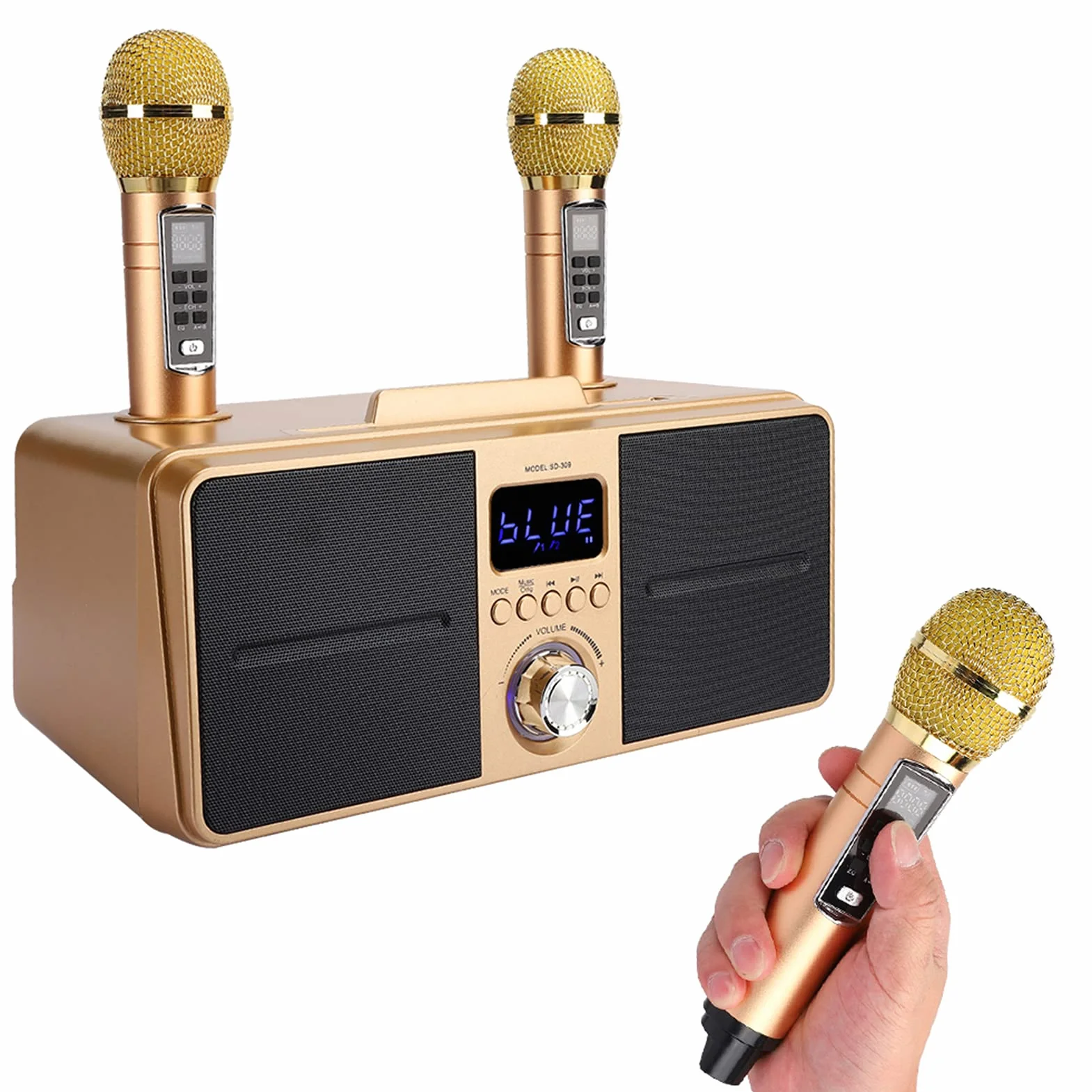Przenośny zestaw mikrofonów do karaoke z podwójnym mikrofonem bezprzewodowym, Bluetooth 4.2, karta pamięci, AUX, dysk flash USB do domowej karaoke, spotkania, imprezy, kościoła itp. (złoty)
