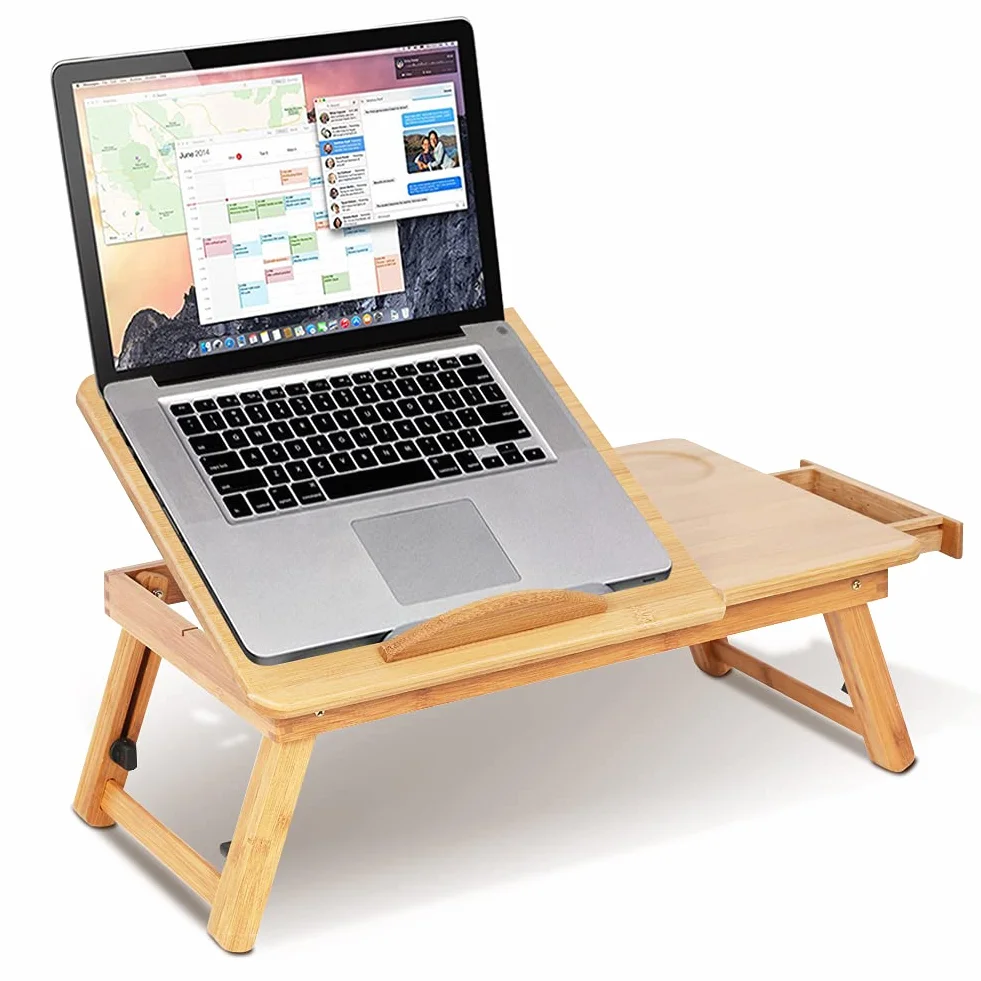 Greensen Stolik do łóżeczka dziecięcego na laptopa, regulowany bambusowy blat, przenośny stół komputerowy Nanzhu z wysuwanymi nogami z szufladą, 50 x 30 x 20 cm