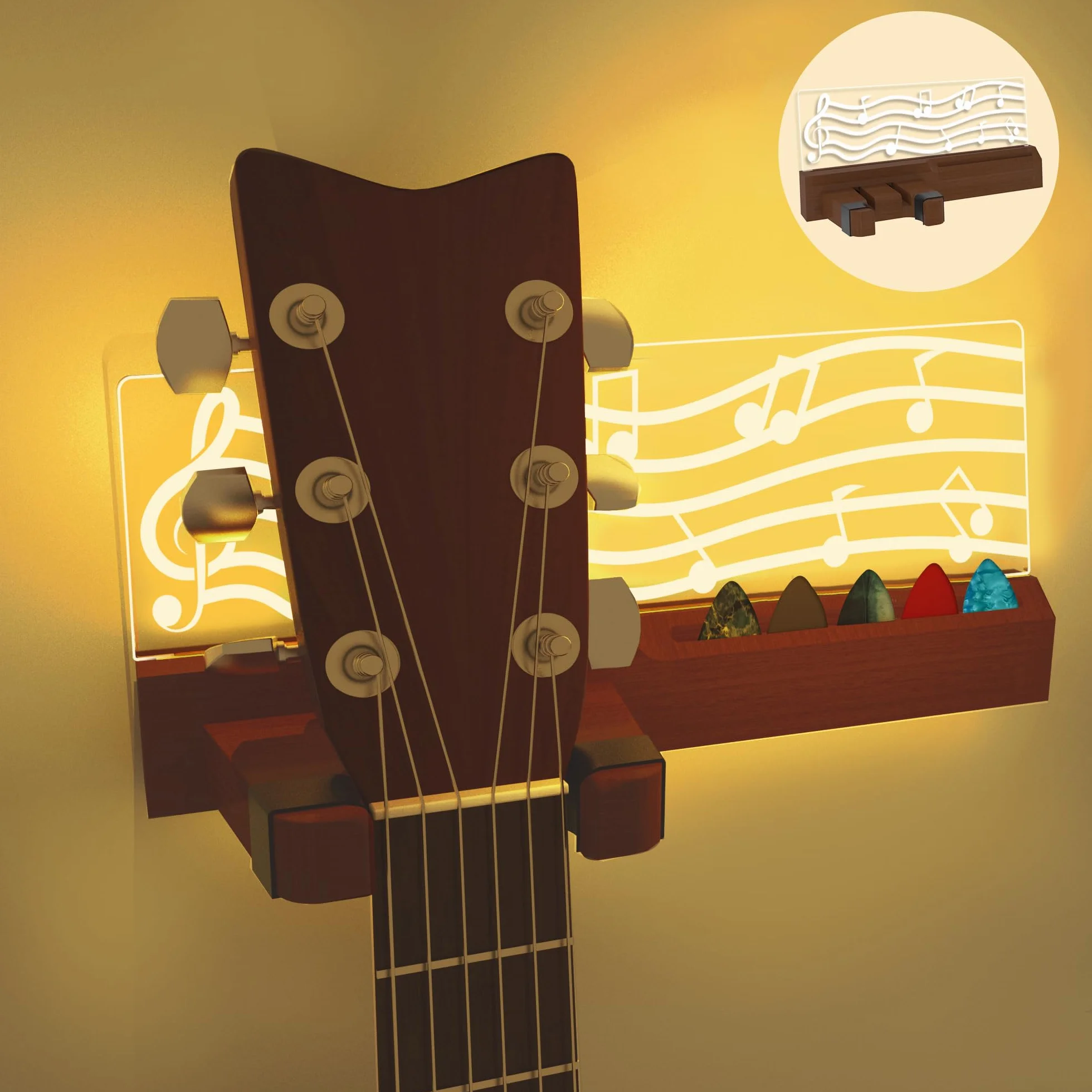 YuanDian Podświetlany uchwyt ścienny do gitary z uchwytem na kostkę, drewniany wieszak na gitarę, zasilany przez USB, do akustyki, elektrycznego, basu, ukulele, wyświetlania mandoliny i