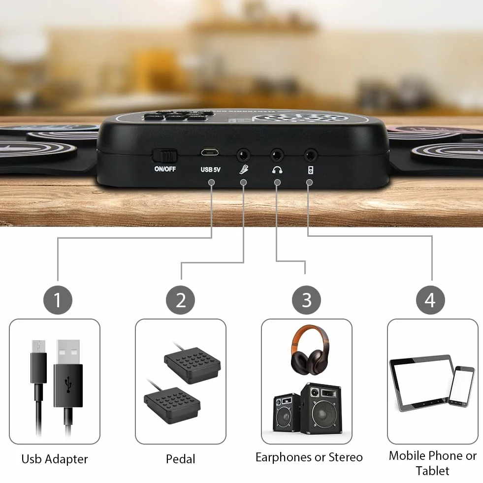 OFFCUP Elektroniczny zestaw perkusyjny, 9 podkładek perkusyjnych, przenośny, zwijany, silikonowy, z wbudowanymi głośnikami stereo