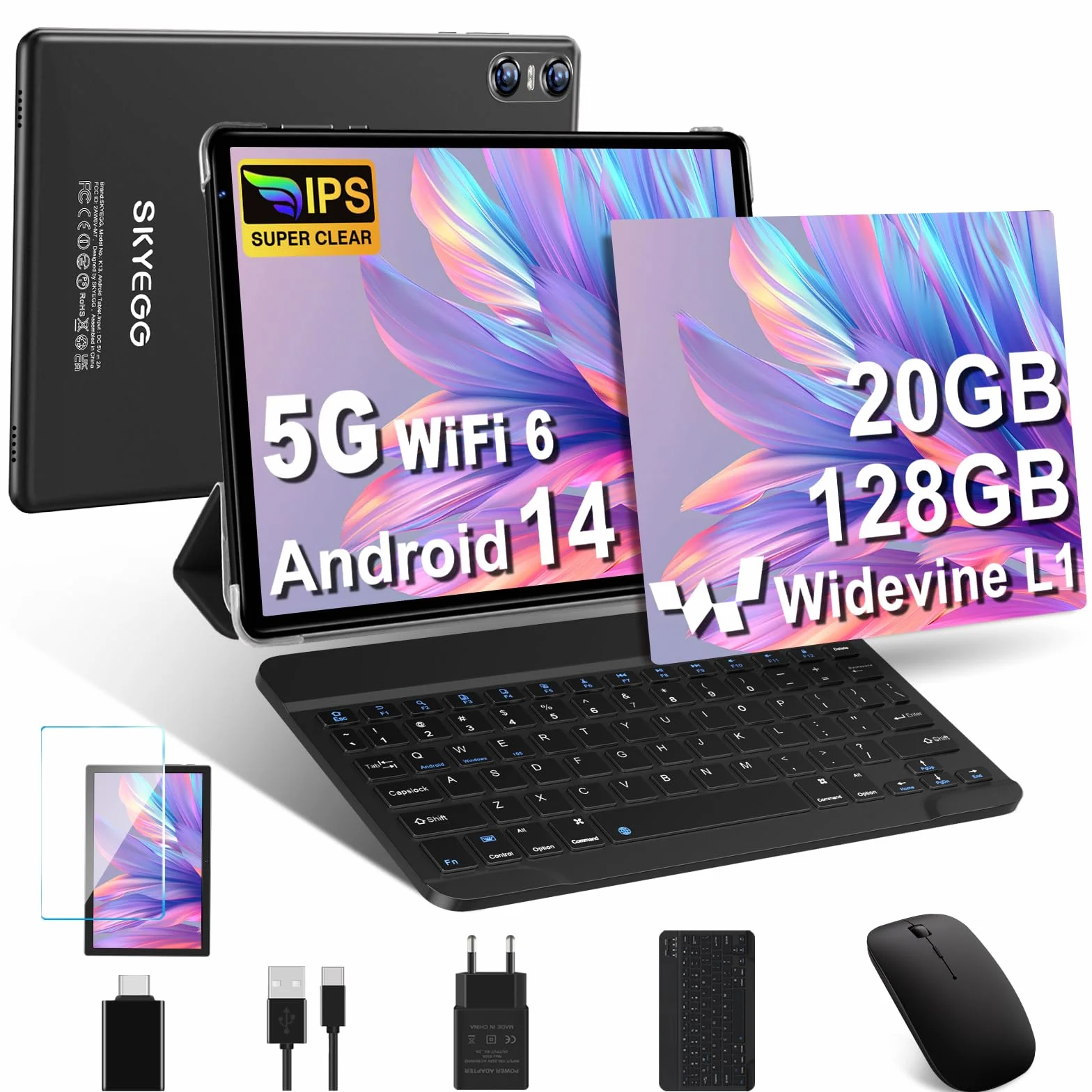 Tablet Android 14 z 5G Wi-Fi 6, 20 GB RAM + 128 GB ROM (z Możliwością Rozszerzenia do 1TB), Widevine L1, 8 Rdzeni, 5MP + 8MP, 6000 mAh, 10-Calowy Tablet z Klawiaturą + Myszą i Etui, Czarny