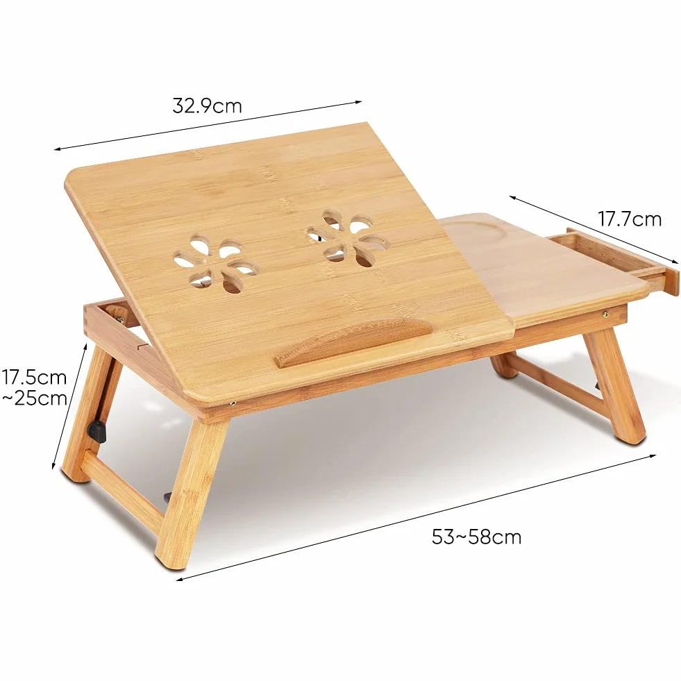 Greensen Stolik do łóżeczka dziecięcego na laptopa, regulowany bambusowy blat, przenośny stół komputerowy Nanzhu z wysuwanymi nogami z szufladą, 50 x 30 x 20 cm