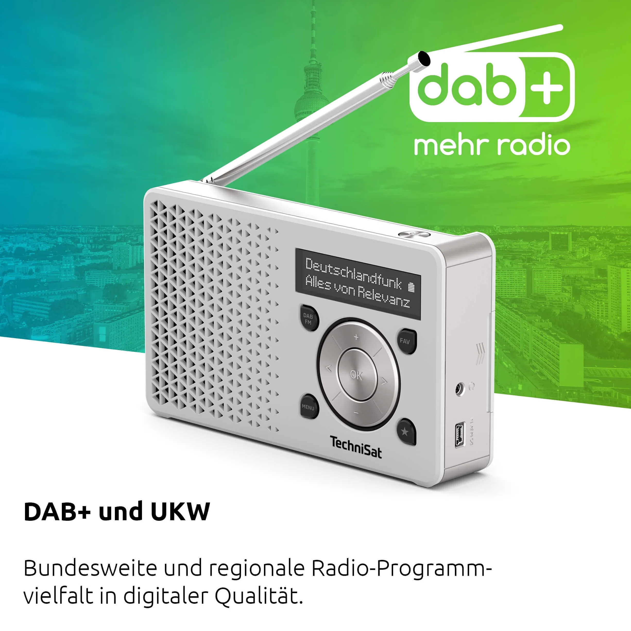 TechniSat DIGITRADIO 1 — przenośne radio DAB+ z baterią (DAB, FM, głośnik, gniazdo słuchawkowe, ulubiona pamięć, wyświetlacz OLED, mały, 1 wat RMS), biały