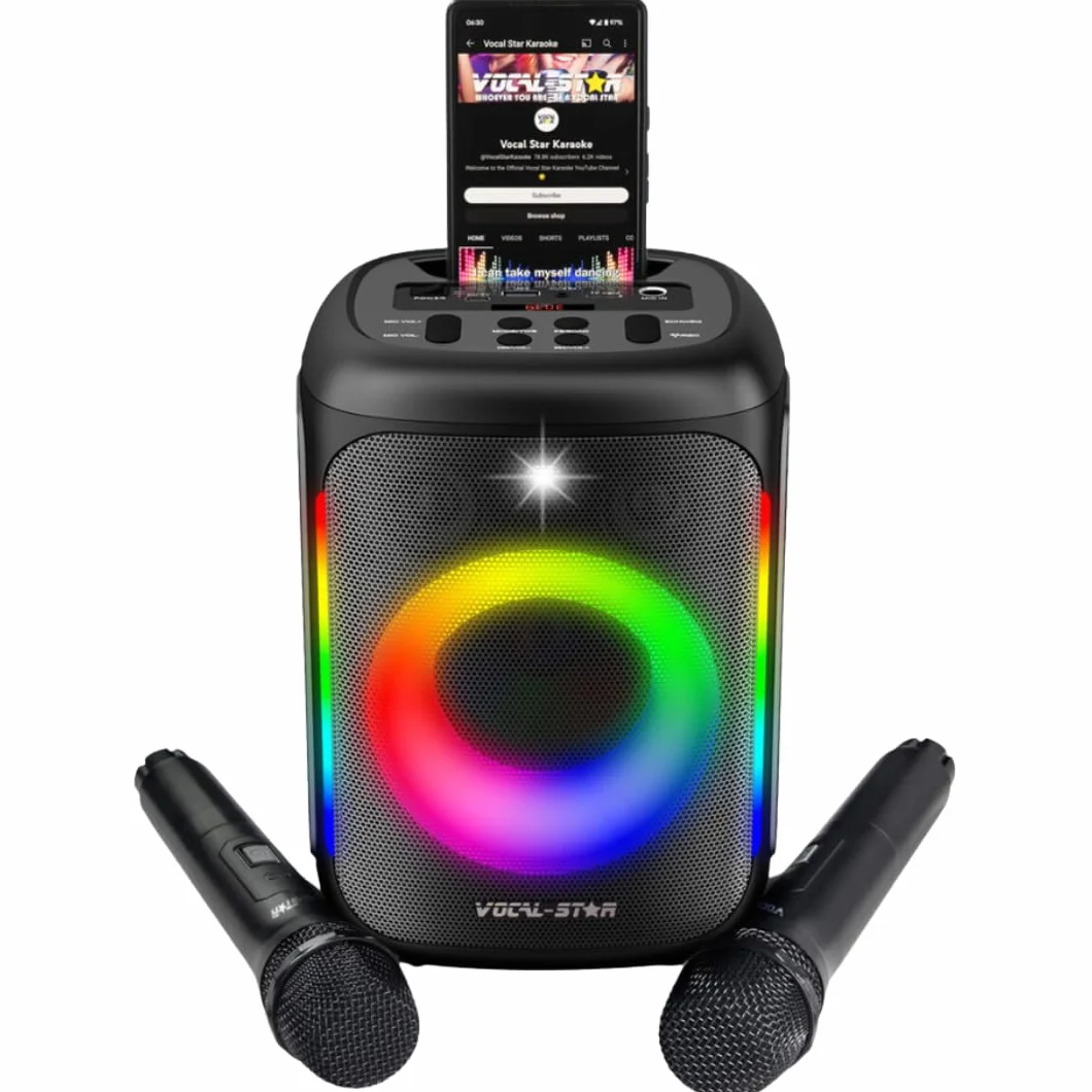 Vocal-Star VS-275 Przenośny sprzęt do karaoke z Bluetooth, 2 mikrofony bezprzewodowe, głośnik 60 W, efekty świetlne, nagrywanie śpiewu, z akumulatorem