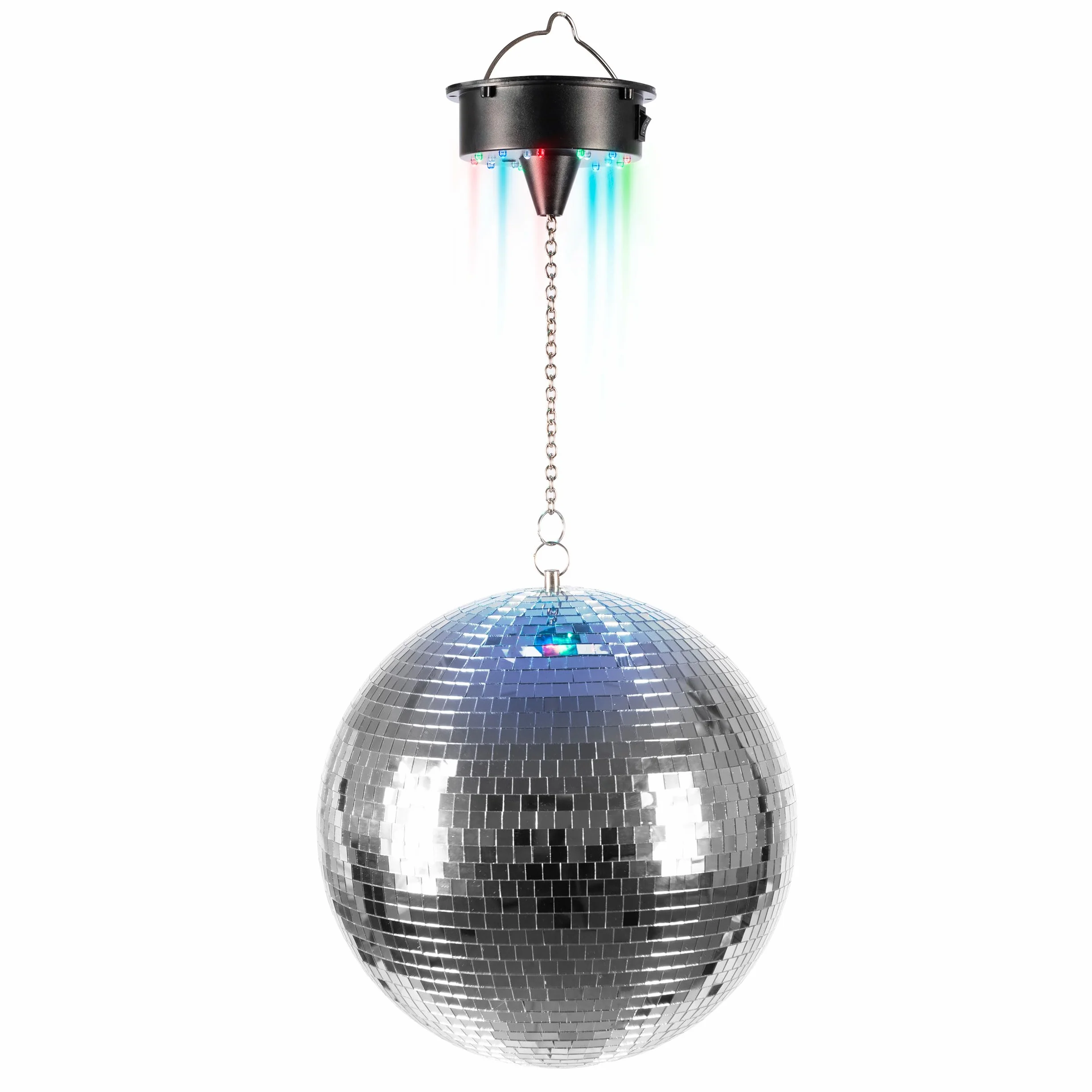 Ibiza - DISCO1-30 - kula fasetowa o średnicy 30 cm z podstawą z 18 diodami LED i łańcuchem o długości 20 cm - zasilanie bateryjne