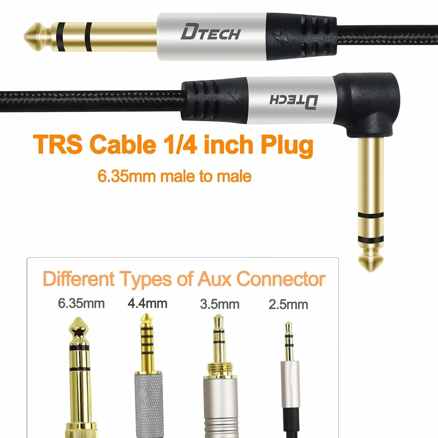 DTECH Kabel do gitary elektrycznej TRS 1/4 kabel instrumentalny Aux prostokątny symetryczna wtyczka jack stereo ćwierć cala 6,35 mm (1M prawy kąt)
