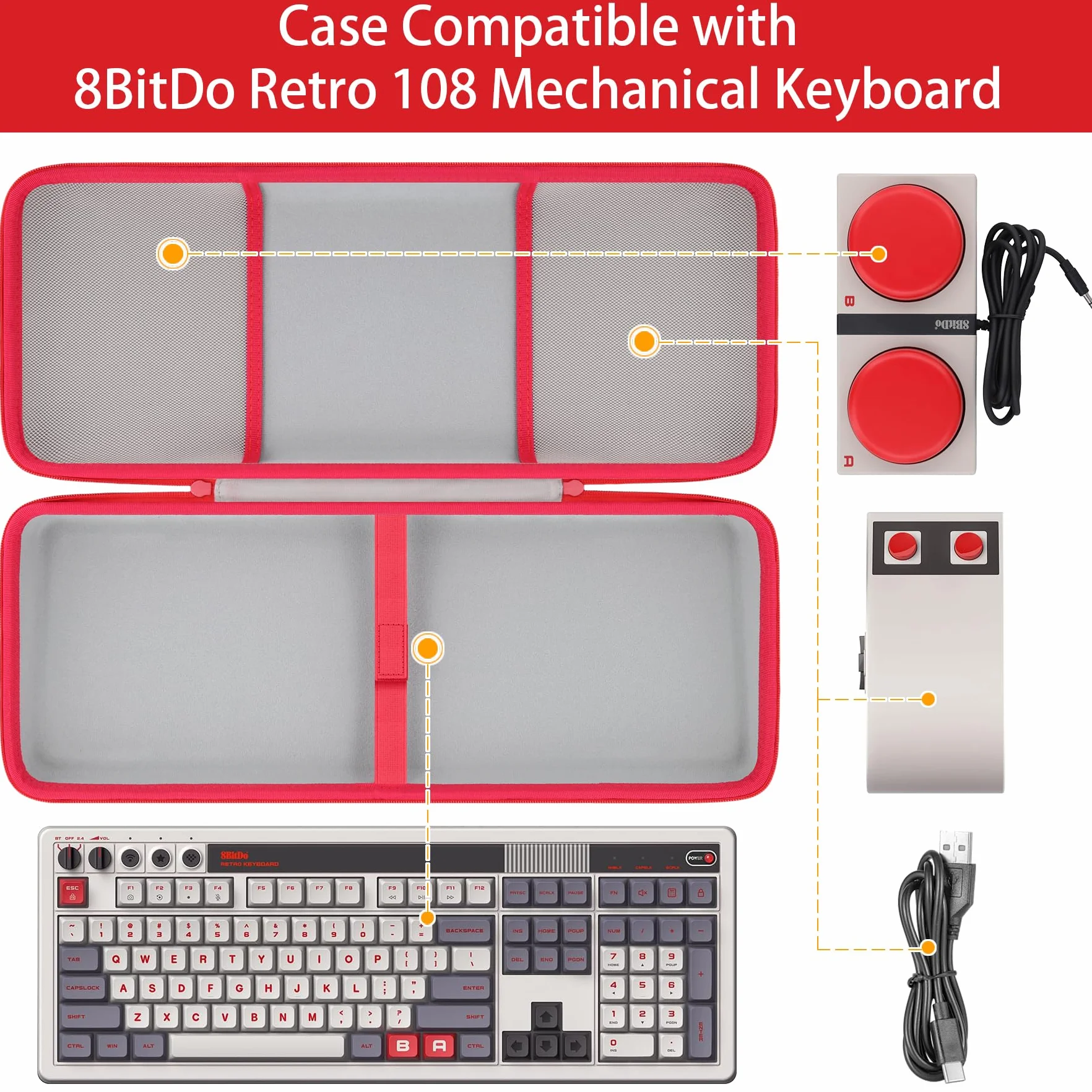 co2CREA Twarde przenośne etui ochronne do klawiatury mechanicznej 8Bitdo Retro108, Hot Swappable Wireless Gaming Keyboard, etui kompatybilne z dwoma super programowalnymi przyciskami, tylko kieszeń