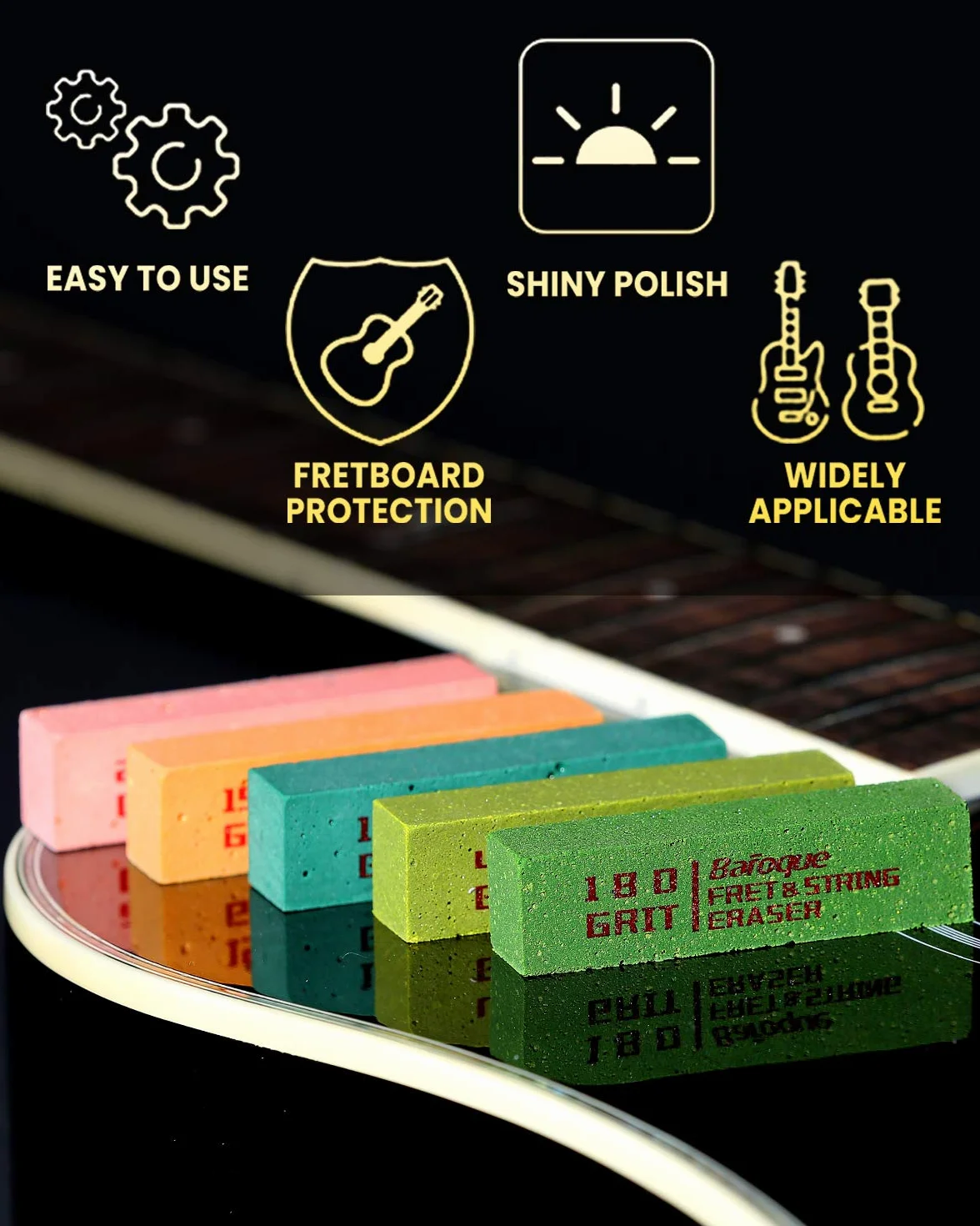 Baroque Guma do fretek gitarowych, polerowanie progów, zestaw narzędzi do czyszczenia progów/strun/metalu (180, 400, 1000, 1500, 2000 ziaren)