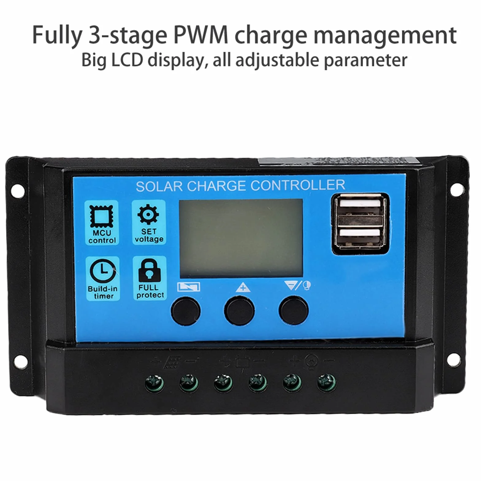 Kontroler ładowania słonecznego, 60A/50A/40A/30A/20A/10A 12V 24V Automatyczny regulator ładowania słonecznego Kontroler PWM Podwójny port USB PWM Ładowarka słoneczna PWM Wyświetlacz LCD (40A)