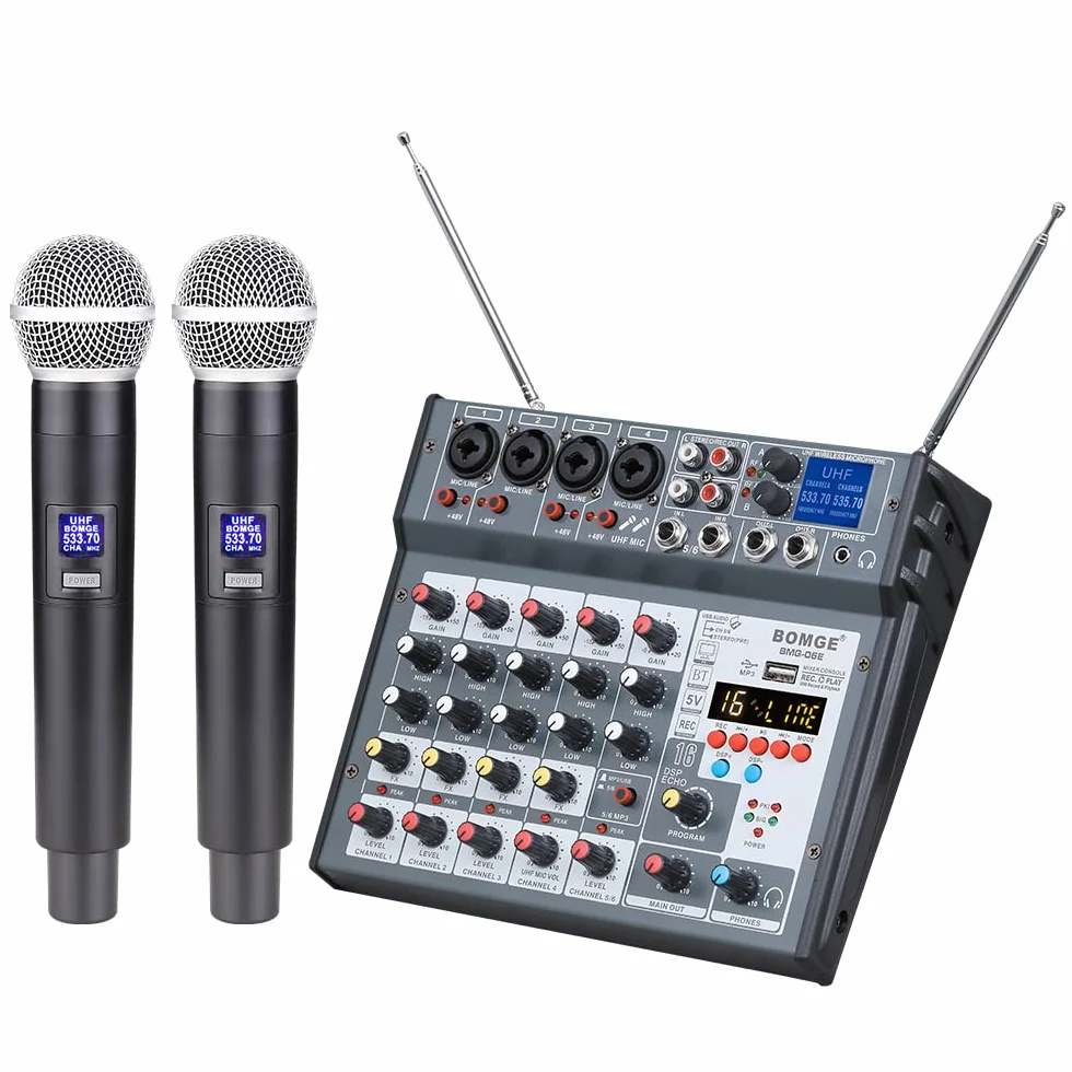 BOMGE 6-kanałowy mikser konsoli audio DJ z bezprzewodowym mikrofonem Dua UHF, USB, Bluetooth, fantomem 48 V, 16 Echo/opóźnienie, do nagrywania w studiu domowym, DJ, sieci, karaoke, gitara PC