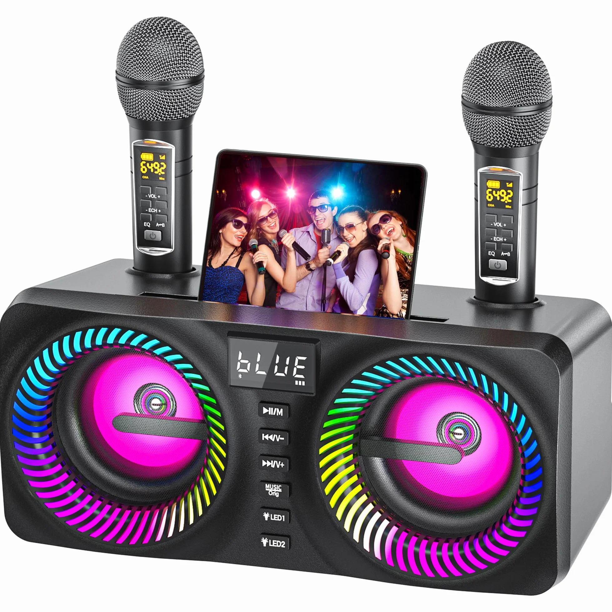 przenośny system karaoke, głośnik dźwiękowy 30 W z 2 mikrofonami bezprzewodowymi UHF i możliwością ładowania, pełne karaoke dla przyjaciół w domu