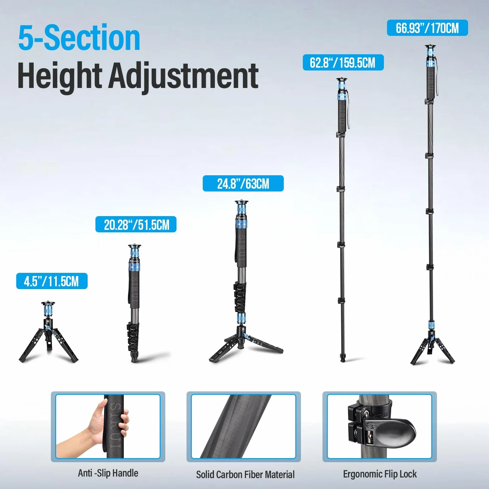 SIRUI P-325FL Monopod z włókna węglowego z nóżkami, profesjonalny monopod 170 cm, przenośny, lekki monopod podróżny do aparatu DSLR, maksymalne obciążenie 10 kg, kompatybilny z aparatem Sony Canon